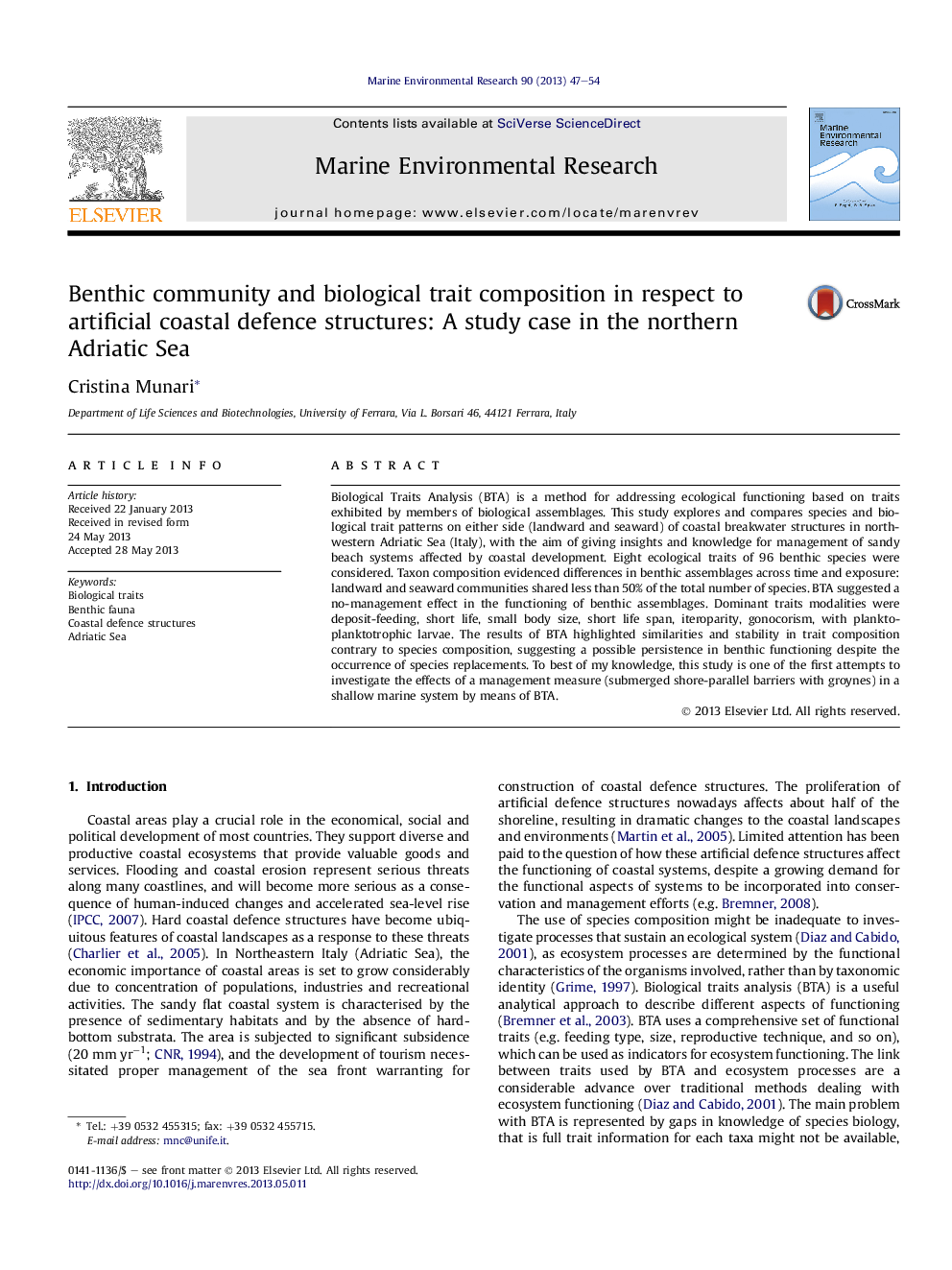 Benthic community and biological trait composition in respect to artificial coastal defence structures: A study case in the northern Adriatic Sea