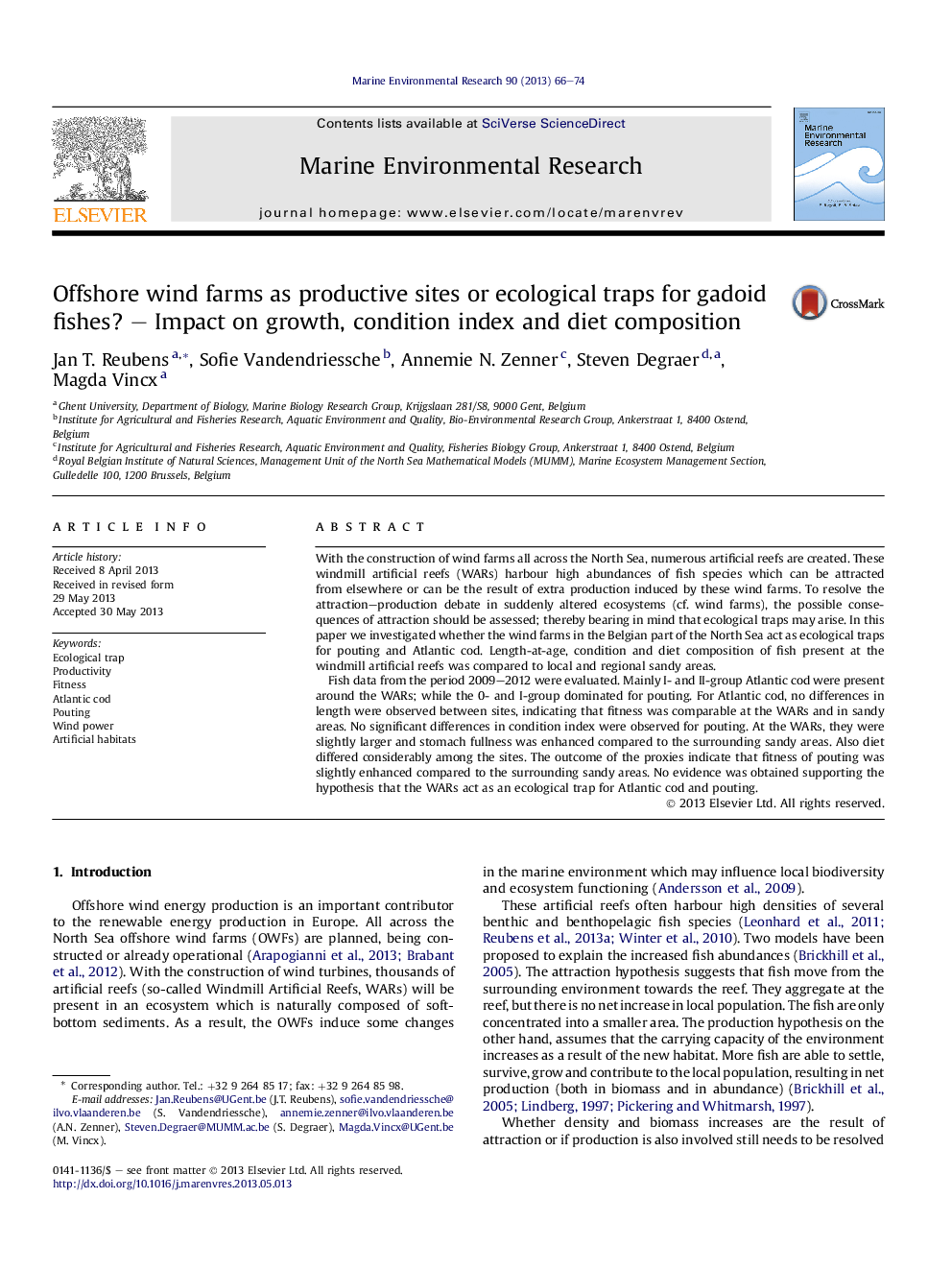 Offshore wind farms as productive sites or ecological traps for gadoid fishes? - Impact on growth, condition index and diet composition