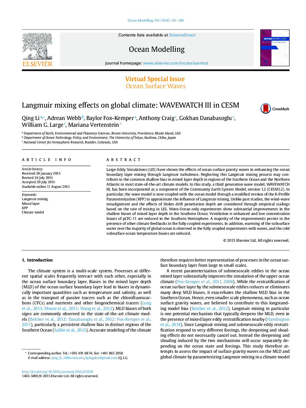 Langmuir mixing effects on global climate: WAVEWATCH III in CESM