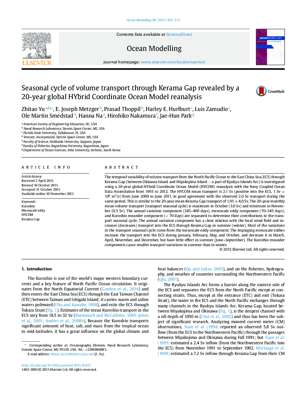 Seasonal cycle of volume transport through Kerama Gap revealed by a 20-year global HYbrid Coordinate Ocean Model reanalysis