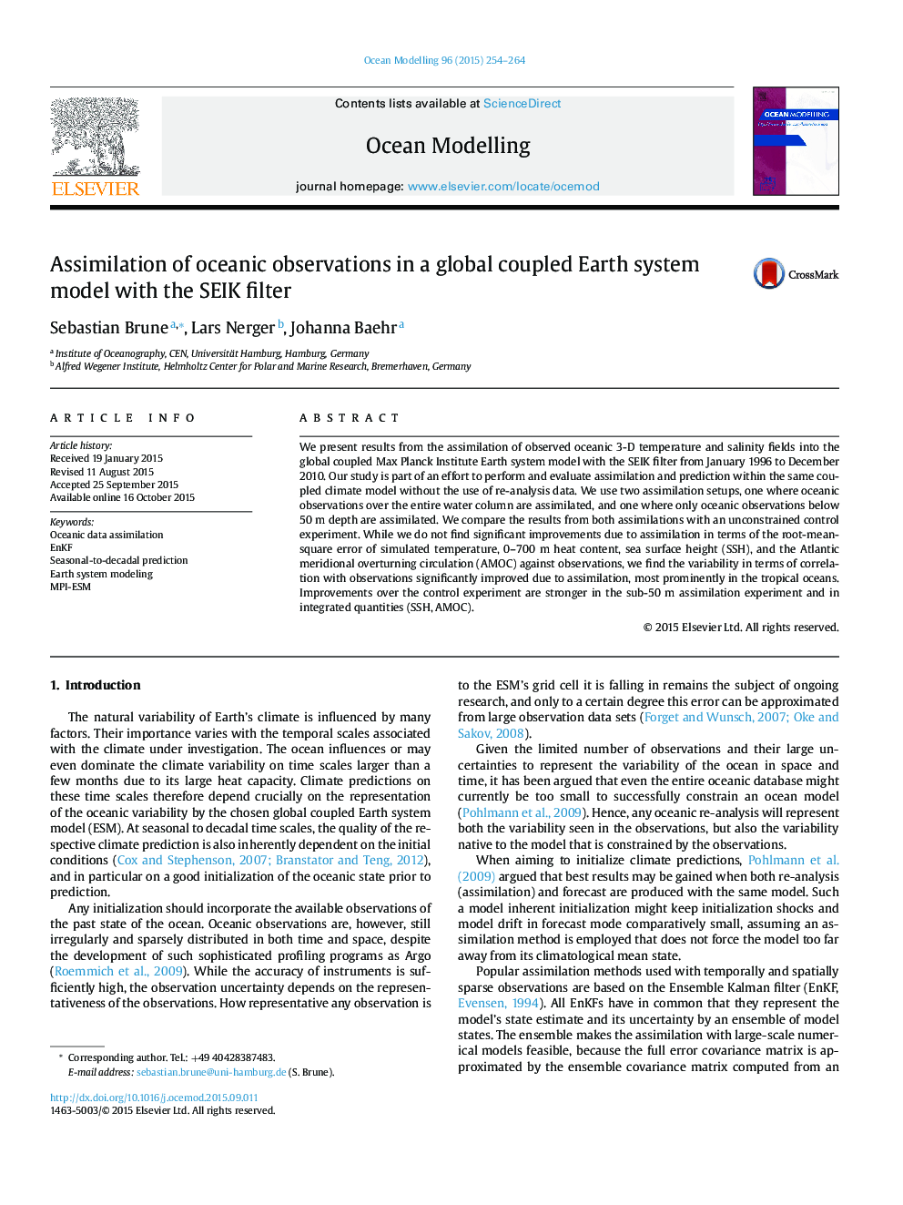 Assimilation of oceanic observations in a global coupled Earth system model with the SEIK filter