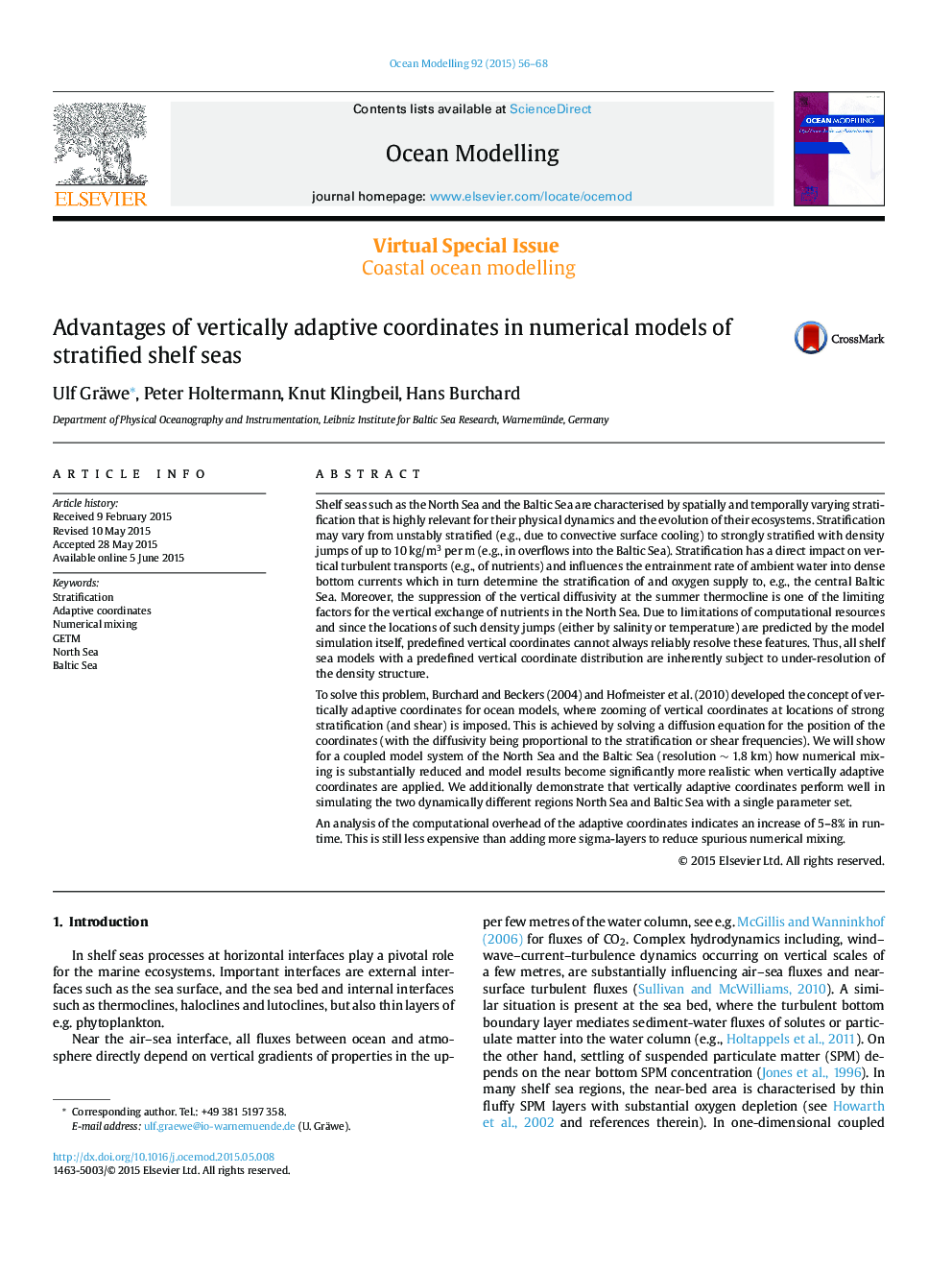 Virtual Special Issue: Coastal ocean modellingAdvantages of vertically adaptive coordinates in numerical models of stratified shelf seas