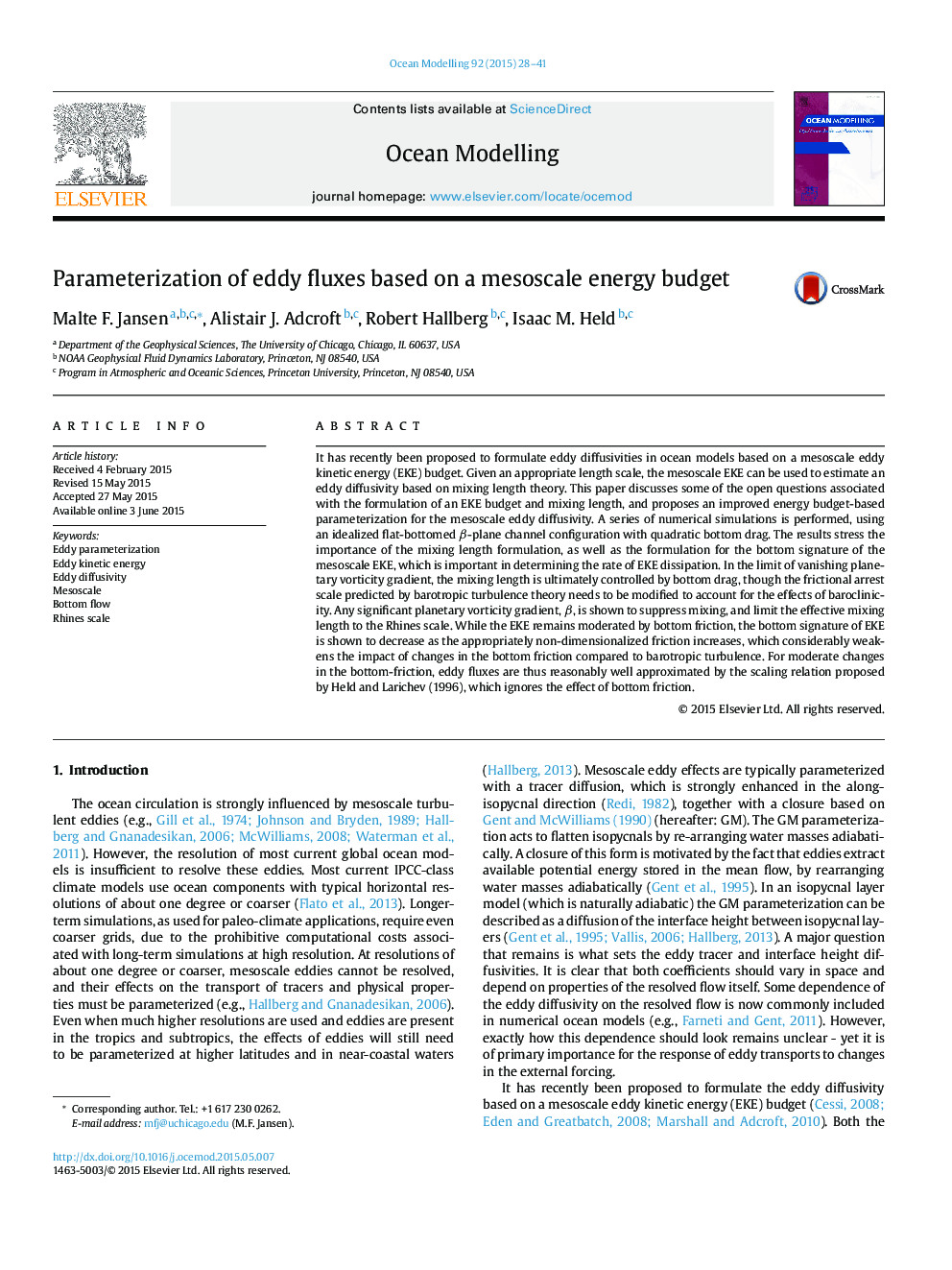 Parameterization of eddy fluxes based on a mesoscale energy budget