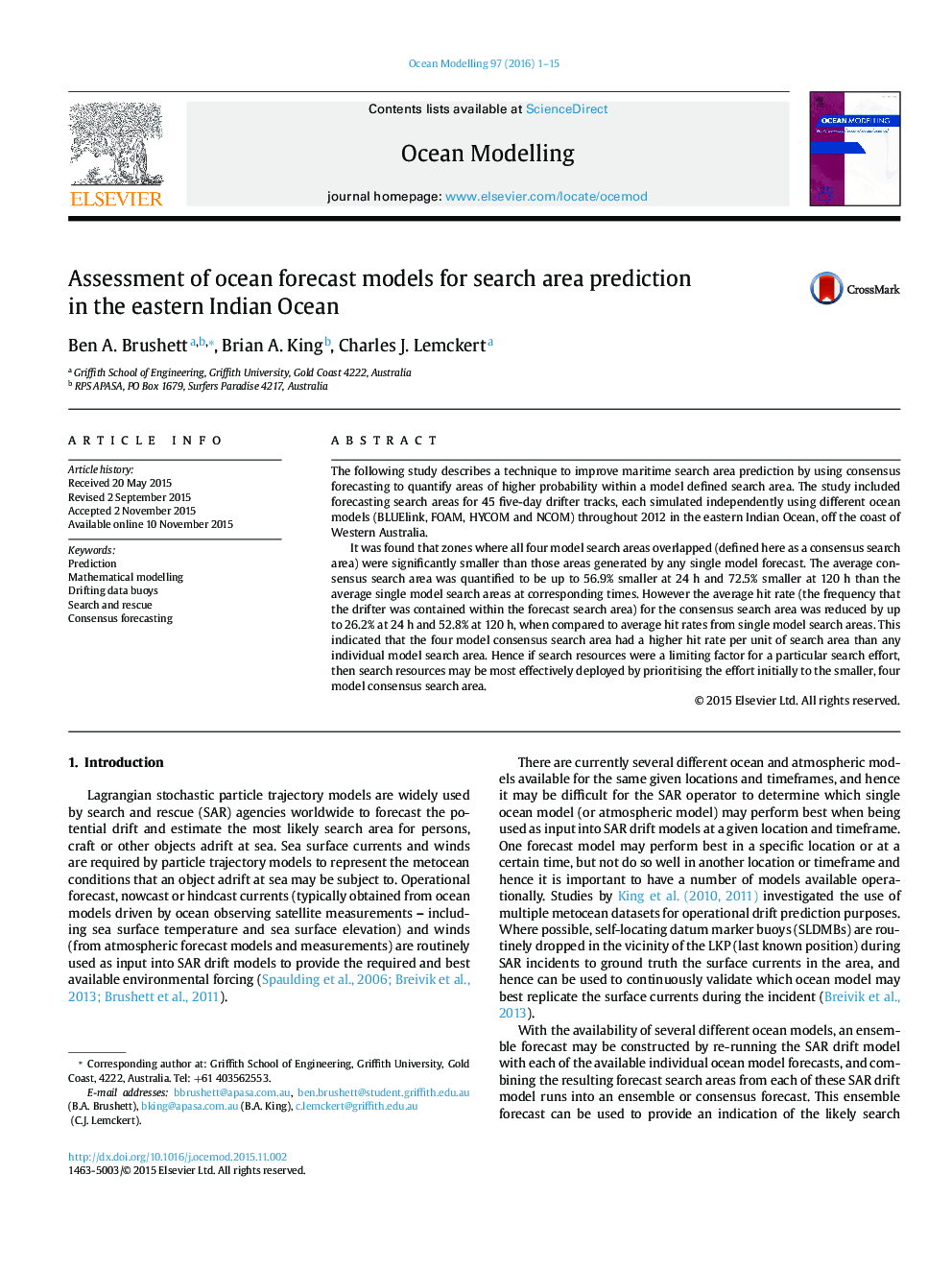 Assessment of ocean forecast models for search area prediction in the eastern Indian Ocean