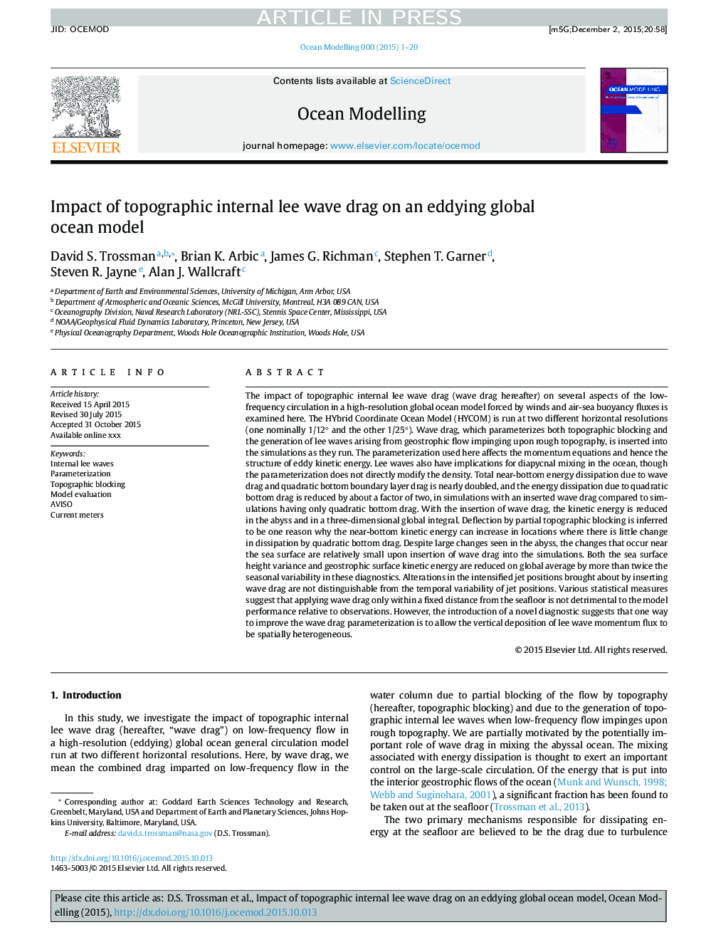 Impact of topographic internal lee wave drag on an eddying global ocean model