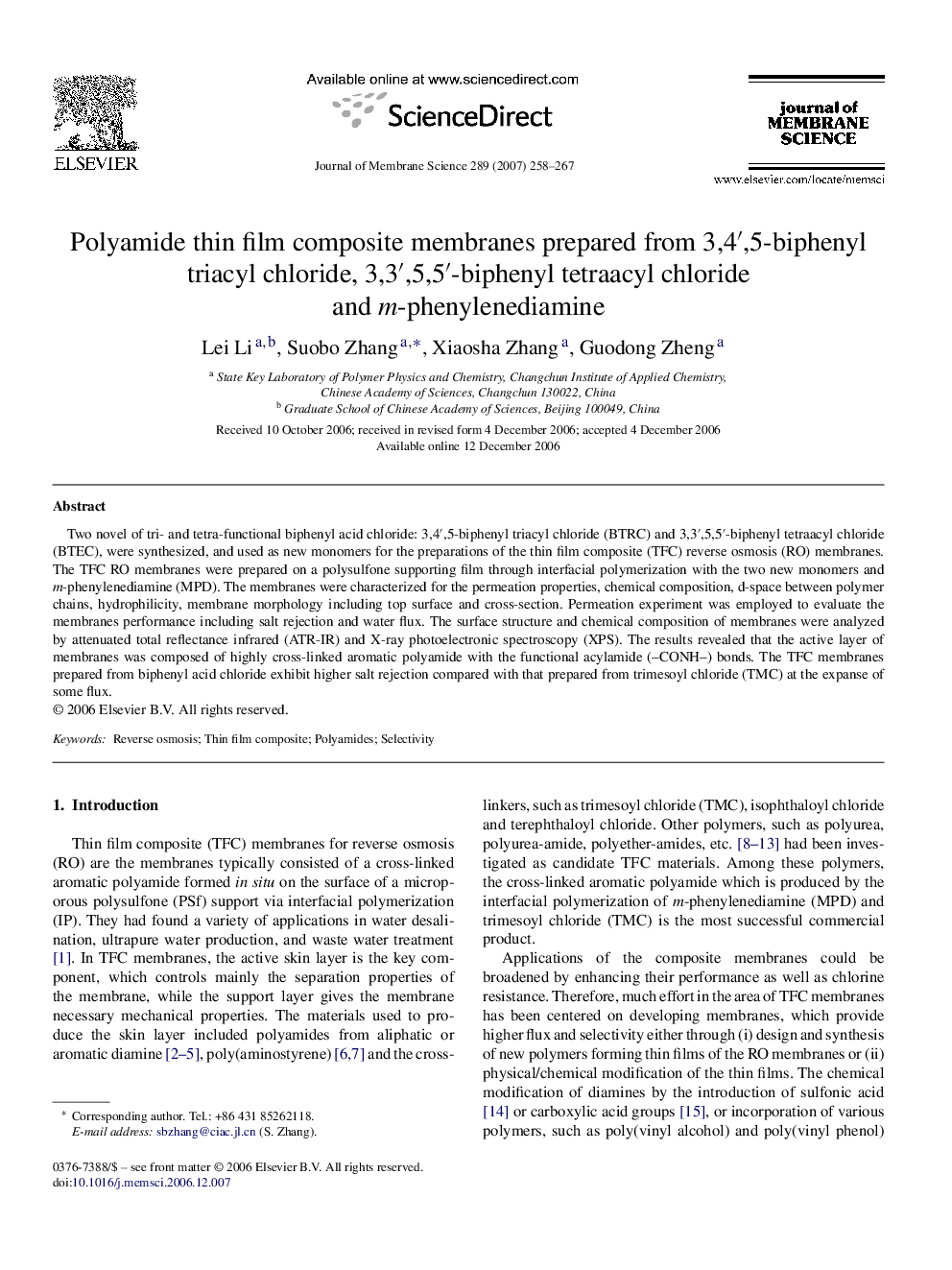 Polyamide thin film composite membranes prepared from 3,4â²,5-biphenyl triacyl chloride, 3,3â²,5,5â²-biphenyl tetraacyl chloride and m-phenylenediamine