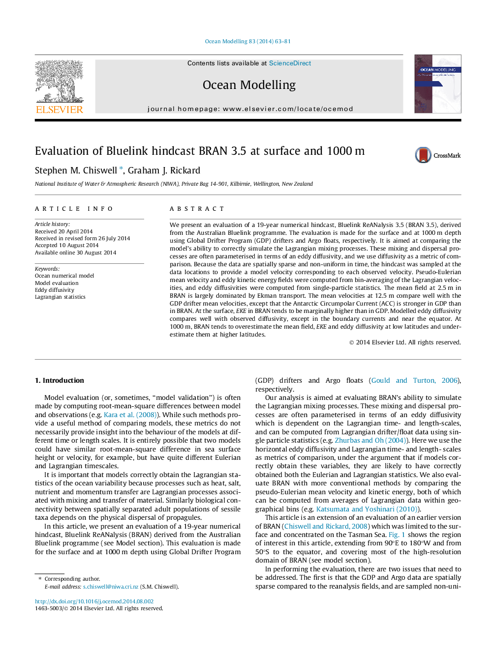 Evaluation of Bluelink hindcast BRAN 3.5 at surface and 1000Â m