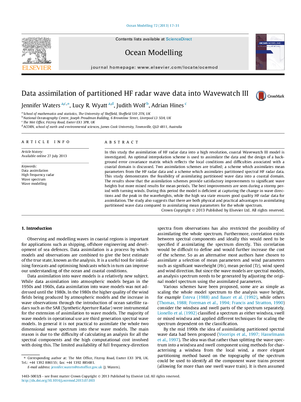 Data assimilation of partitioned HF radar wave data into Wavewatch III