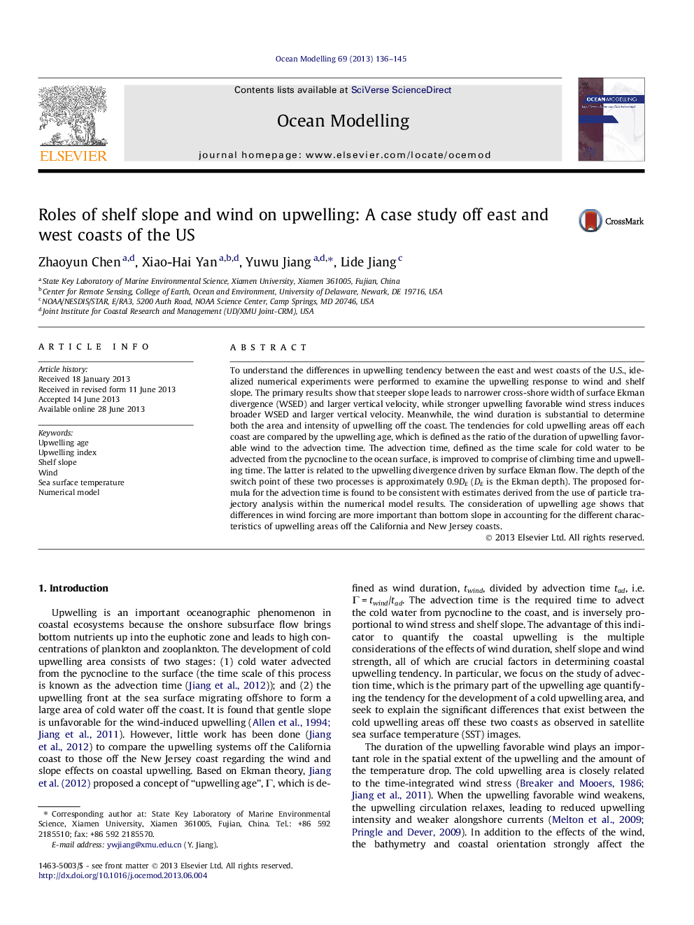 Roles of shelf slope and wind on upwelling: A case study off east and west coasts of the US