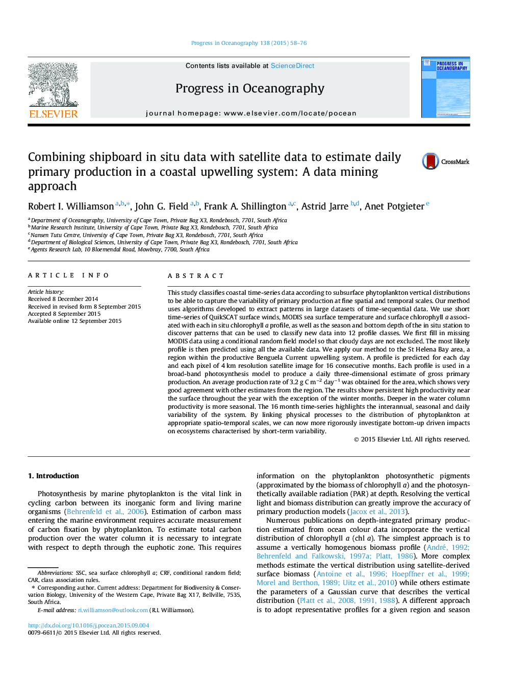 Combining shipboard in situ data with satellite data to estimate daily primary production in a coastal upwelling system: A data mining approach
