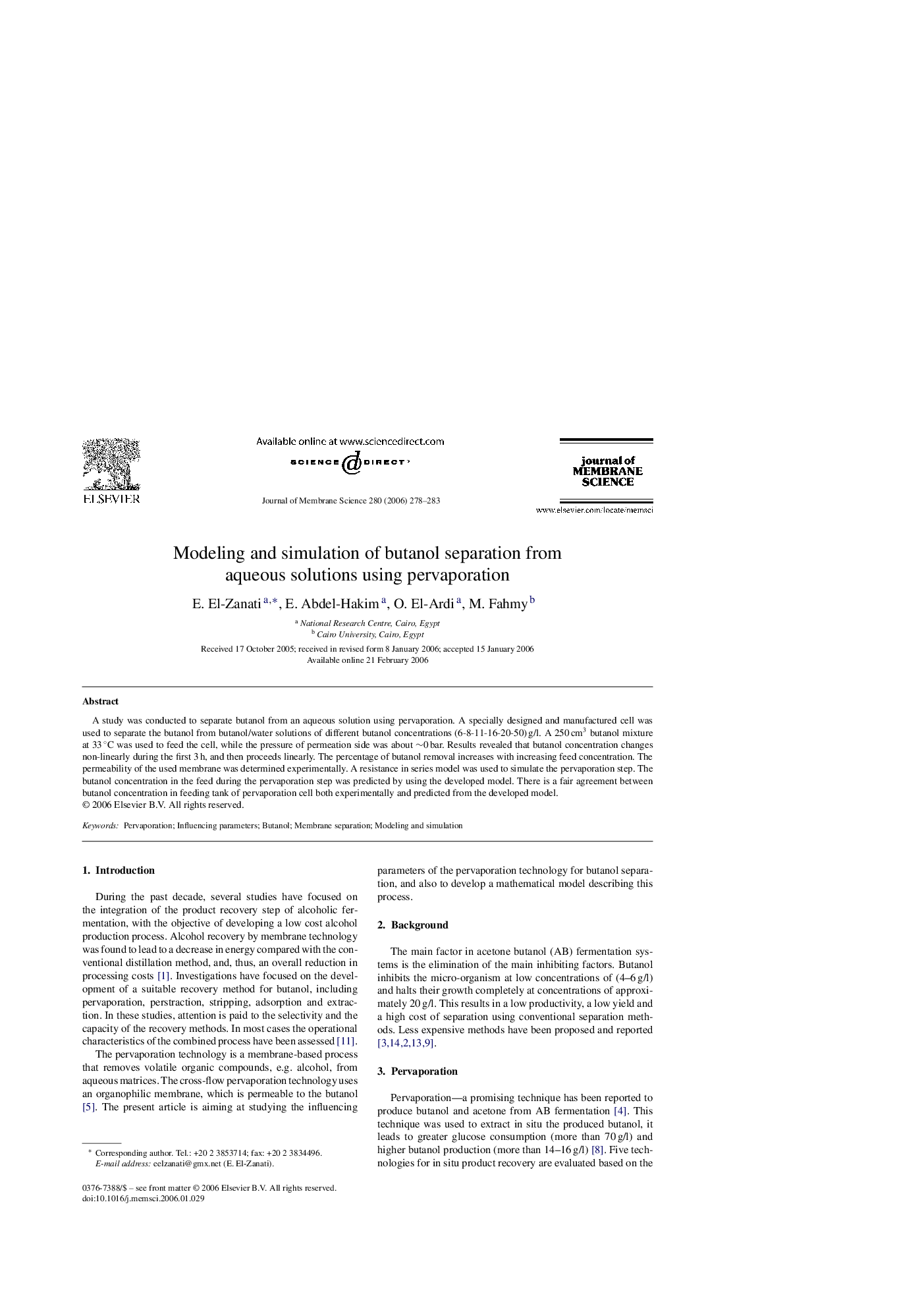 Modeling and simulation of butanol separation from aqueous solutions using pervaporation