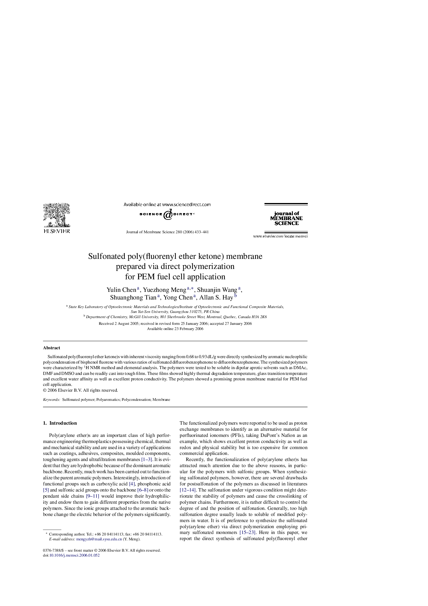 Sulfonated poly(fluorenyl ether ketone) membrane prepared via direct polymerization for PEM fuel cell application