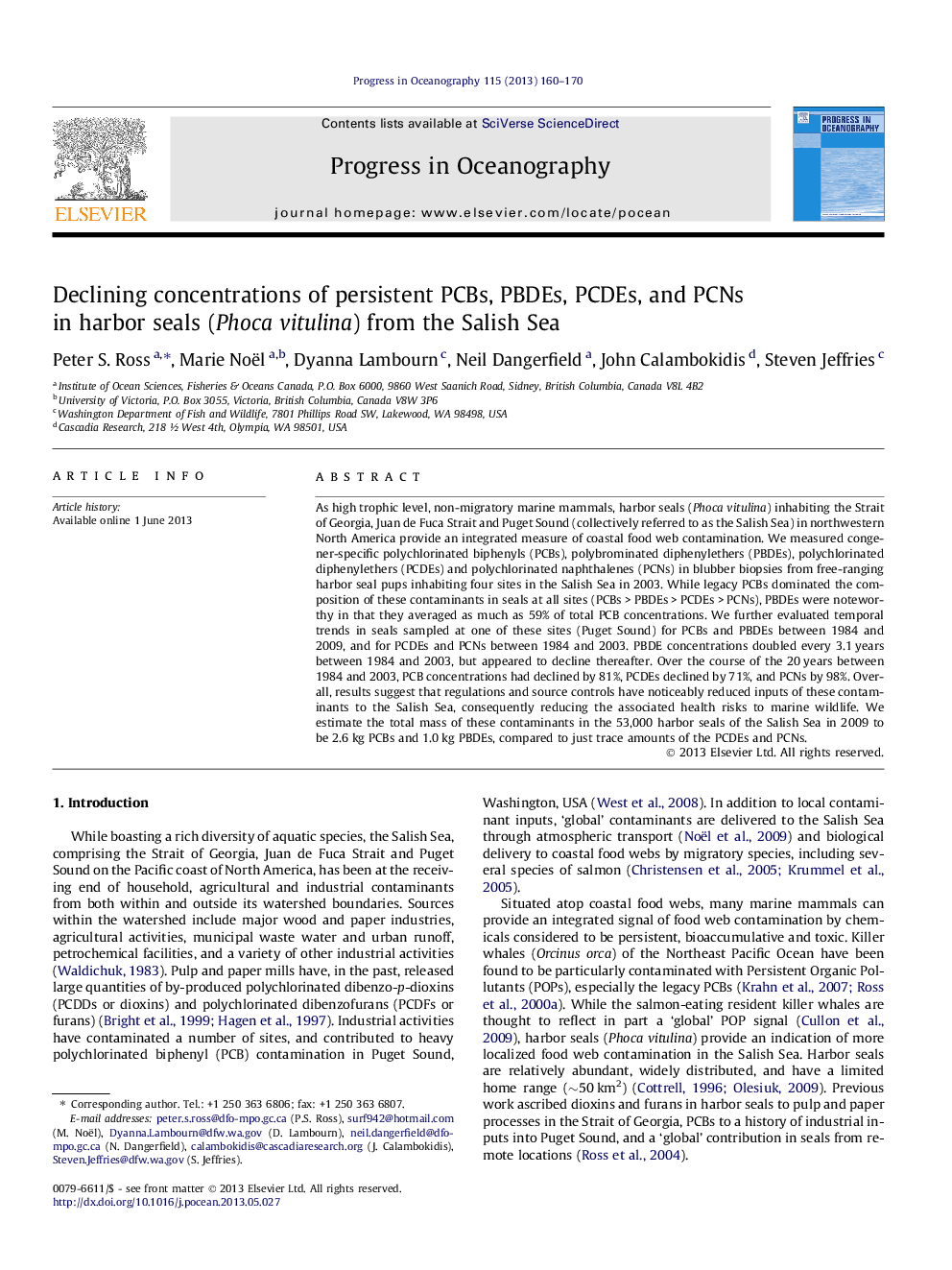 Declining concentrations of persistent PCBs, PBDEs, PCDEs, and PCNs in harbor seals (Phoca vitulina) from the Salish Sea