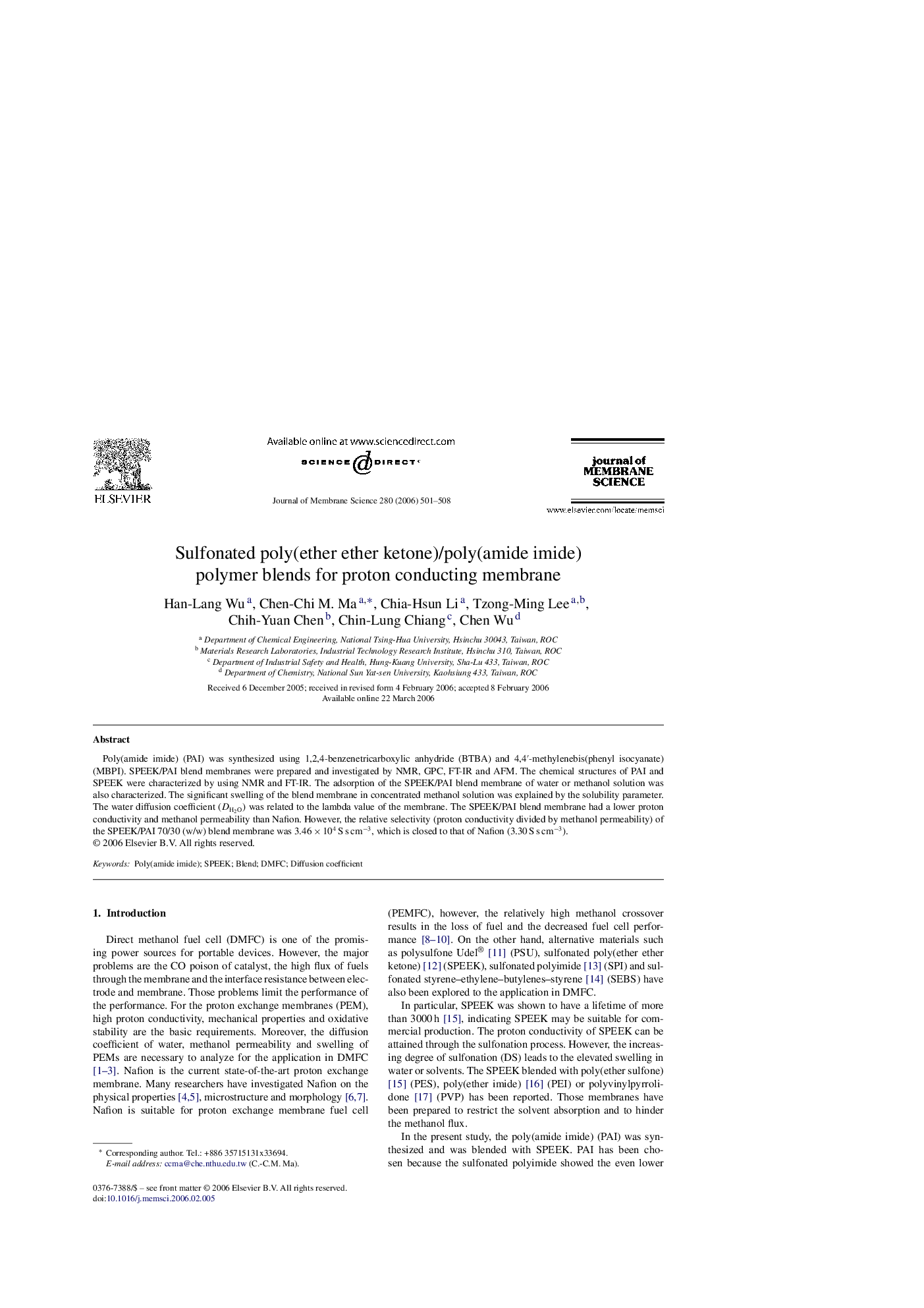 Sulfonated poly(ether ether ketone)/poly(amide imide) polymer blends for proton conducting membrane