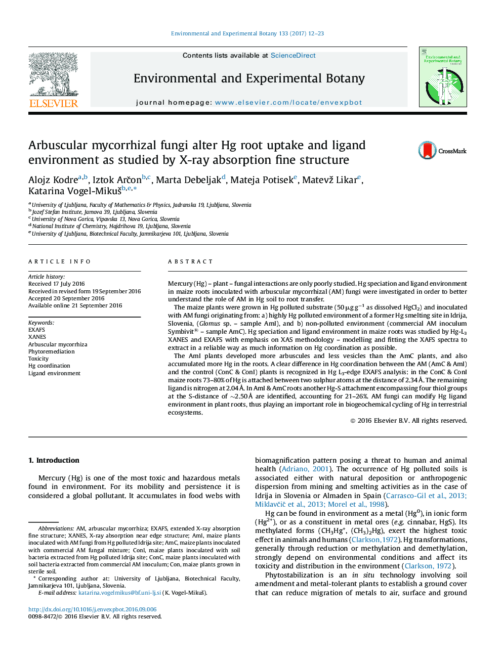 Arbuscular mycorrhizal fungi alter Hg root uptake and ligand environment as studied by X-ray absorption fine structure