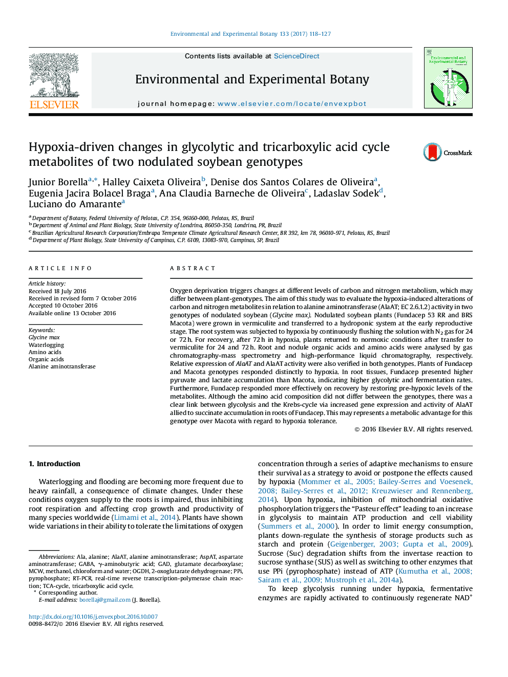 تغییرات ناشی از هیپوکسی در متابولیت های چرخه گلیکولیک و تریک بوکسیلیک دو ژنوتیپ سویا