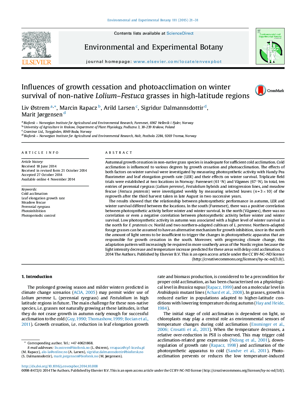 Influences of growth cessation and photoacclimation on winter survival of non-native Lolium-Festuca grasses in high-latitude regions