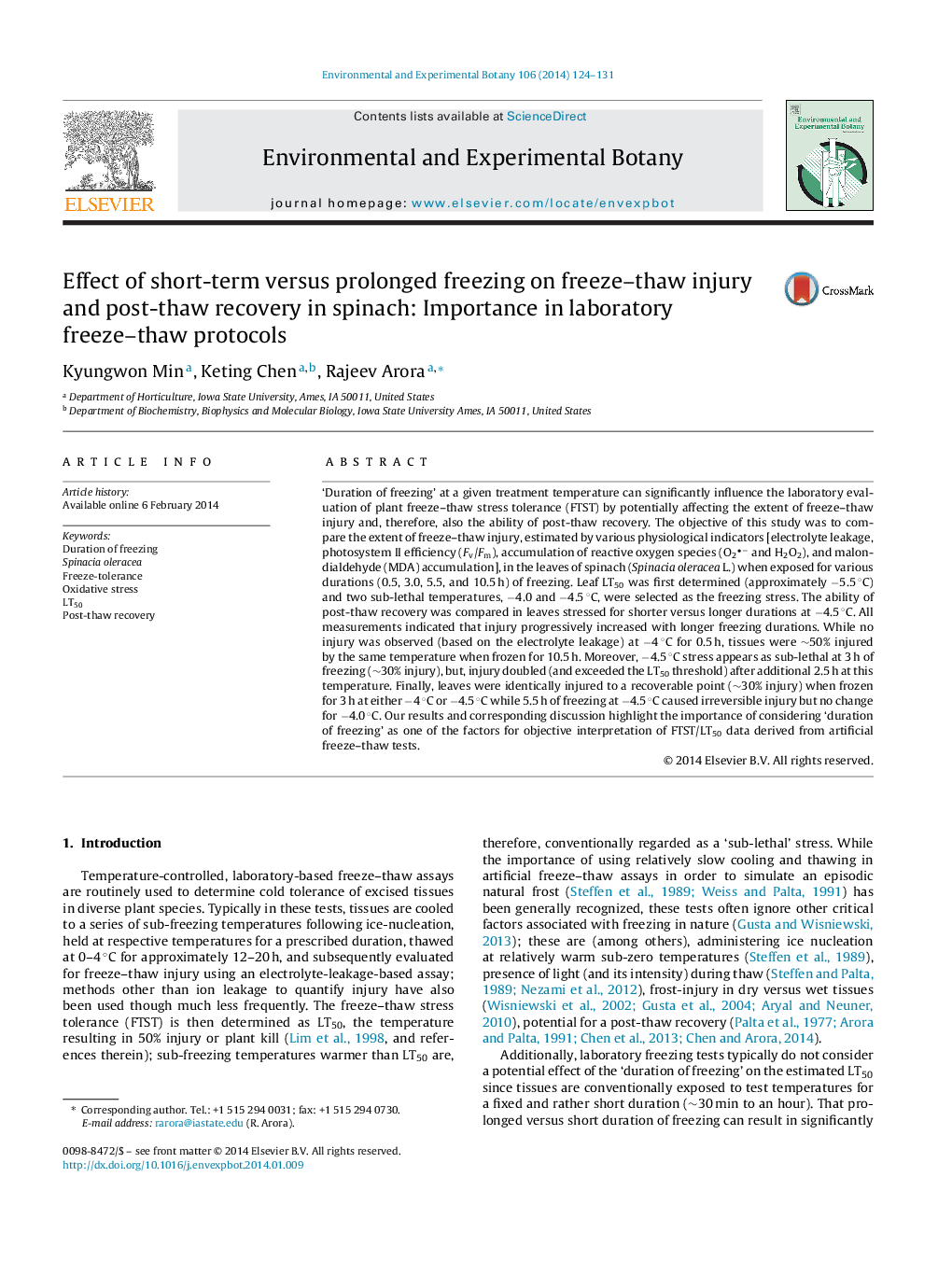 Effect of short-term versus prolonged freezing on freeze-thaw injury and post-thaw recovery in spinach: Importance in laboratory freeze-thaw protocols