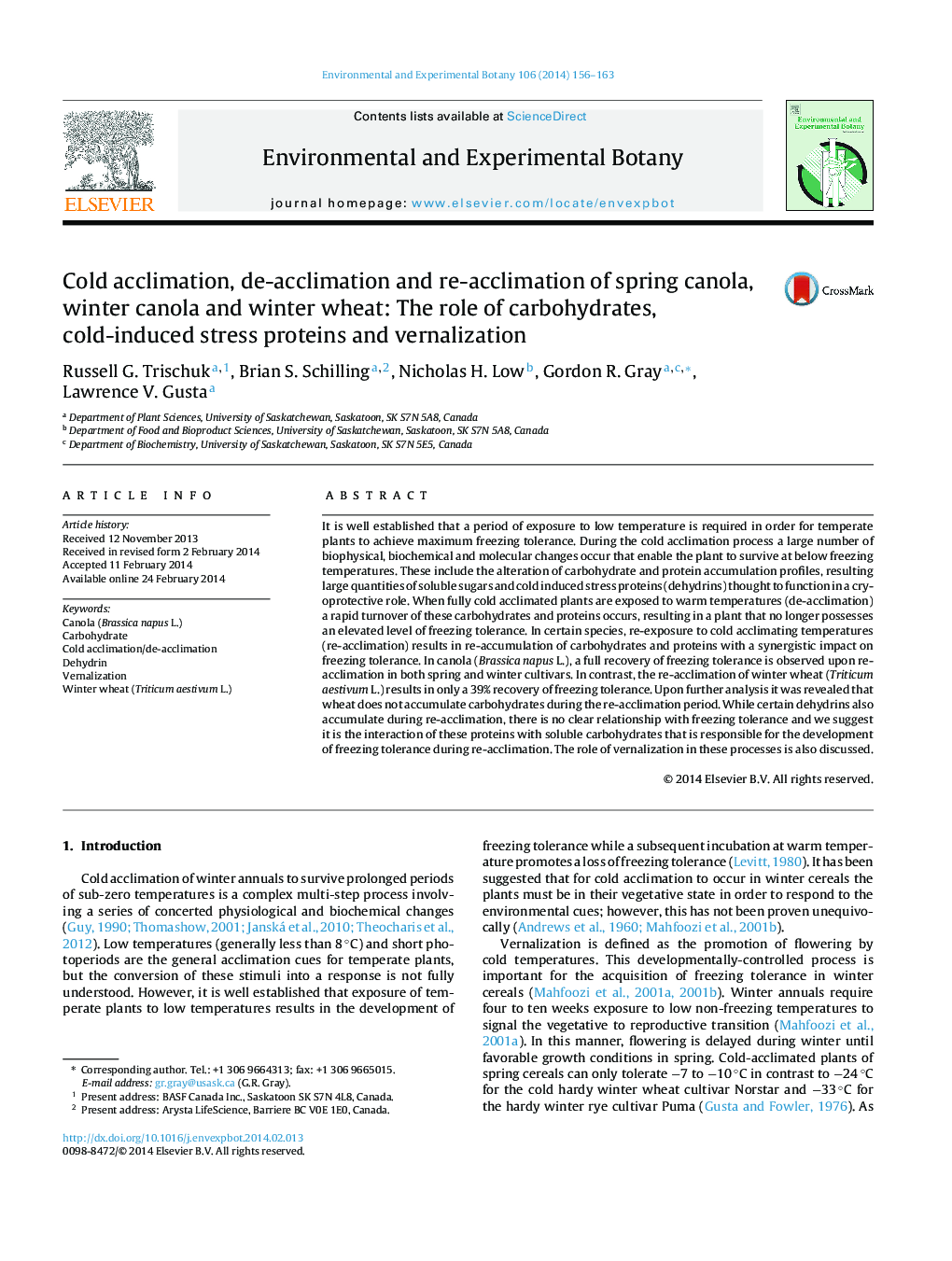 Cold acclimation, de-acclimation and re-acclimation of spring canola, winter canola and winter wheat: The role of carbohydrates, cold-induced stress proteins and vernalization