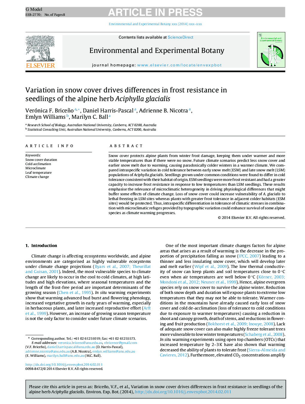 Variation in snow cover drives differences in frost resistance in seedlings of the alpine herb Aciphylla glacialis