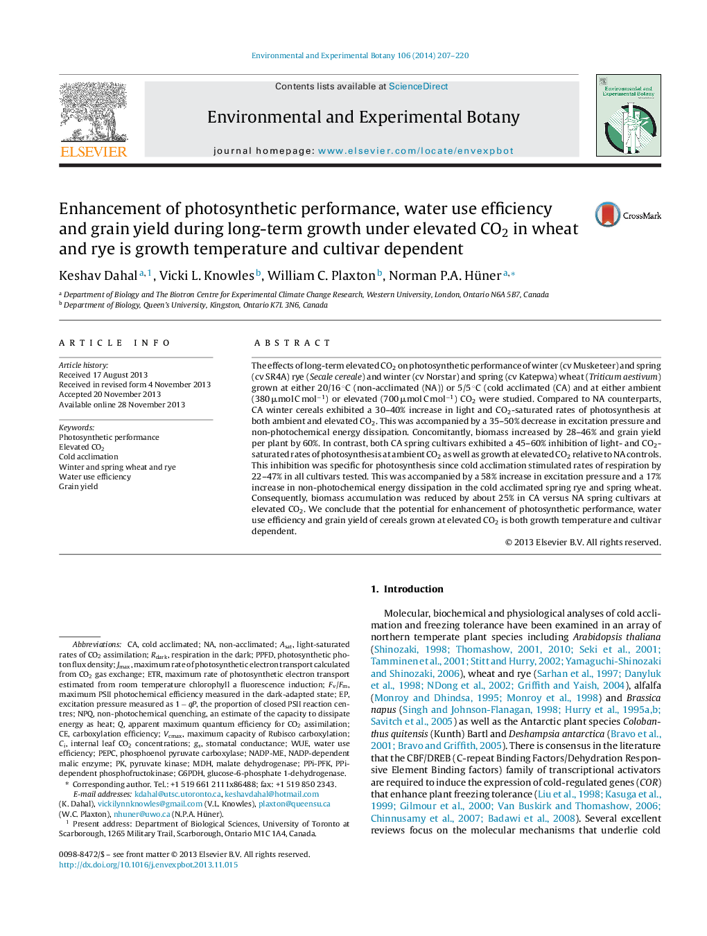 Enhancement of photosynthetic performance, water use efficiency and grain yield during long-term growth under elevated CO2 in wheat and rye is growth temperature and cultivar dependent