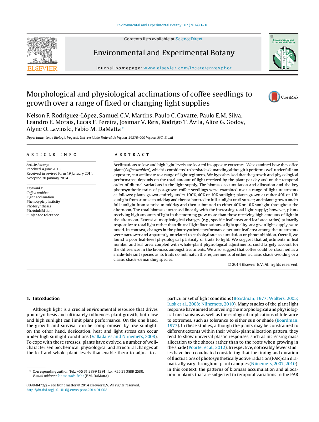 Morphological and physiological acclimations of coffee seedlings to growth over a range of fixed or changing light supplies