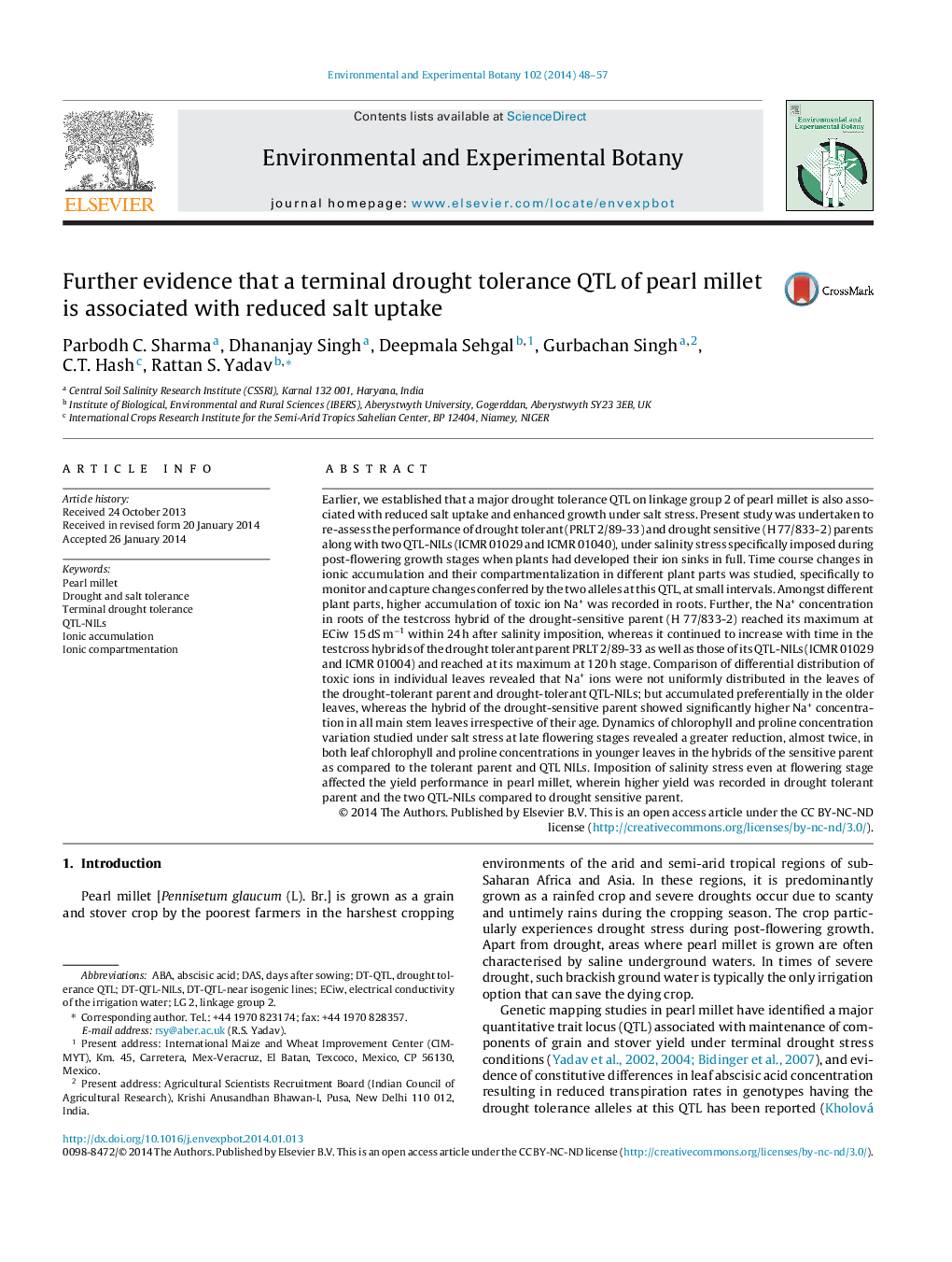 Further evidence that a terminal drought tolerance QTL of pearl millet is associated with reduced salt uptake