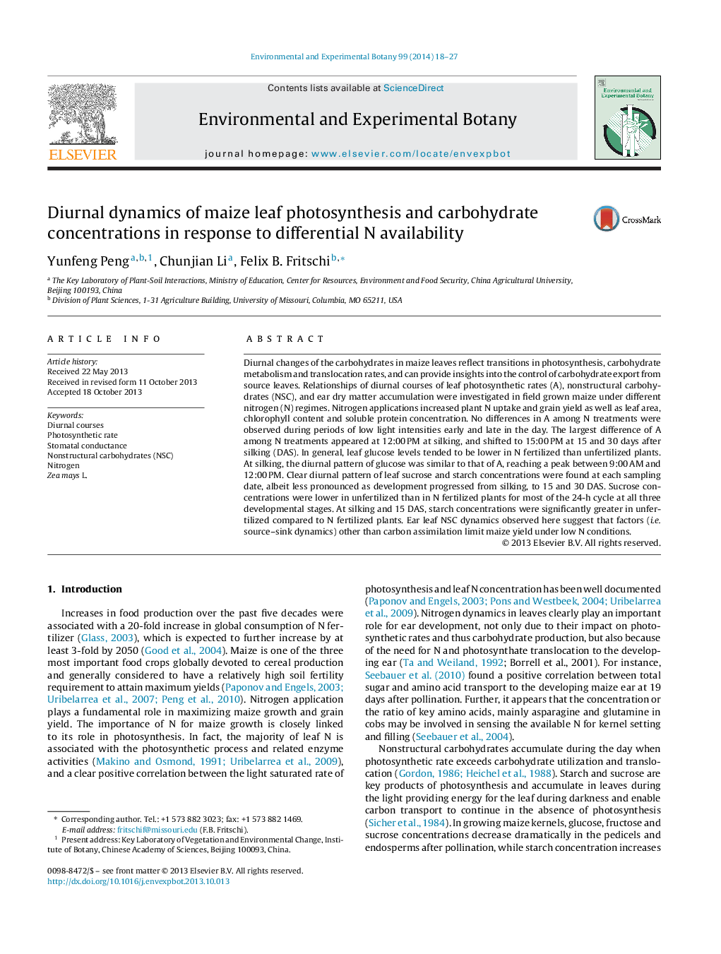 Diurnal dynamics of maize leaf photosynthesis and carbohydrate concentrations in response to differential N availability