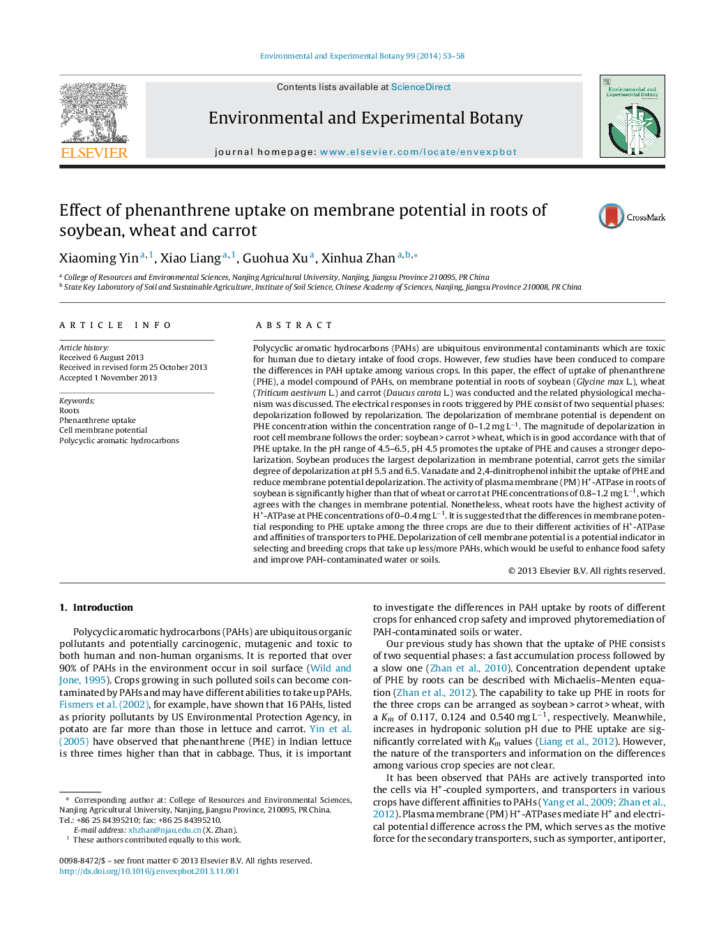 Effect of phenanthrene uptake on membrane potential in roots of soybean, wheat and carrot