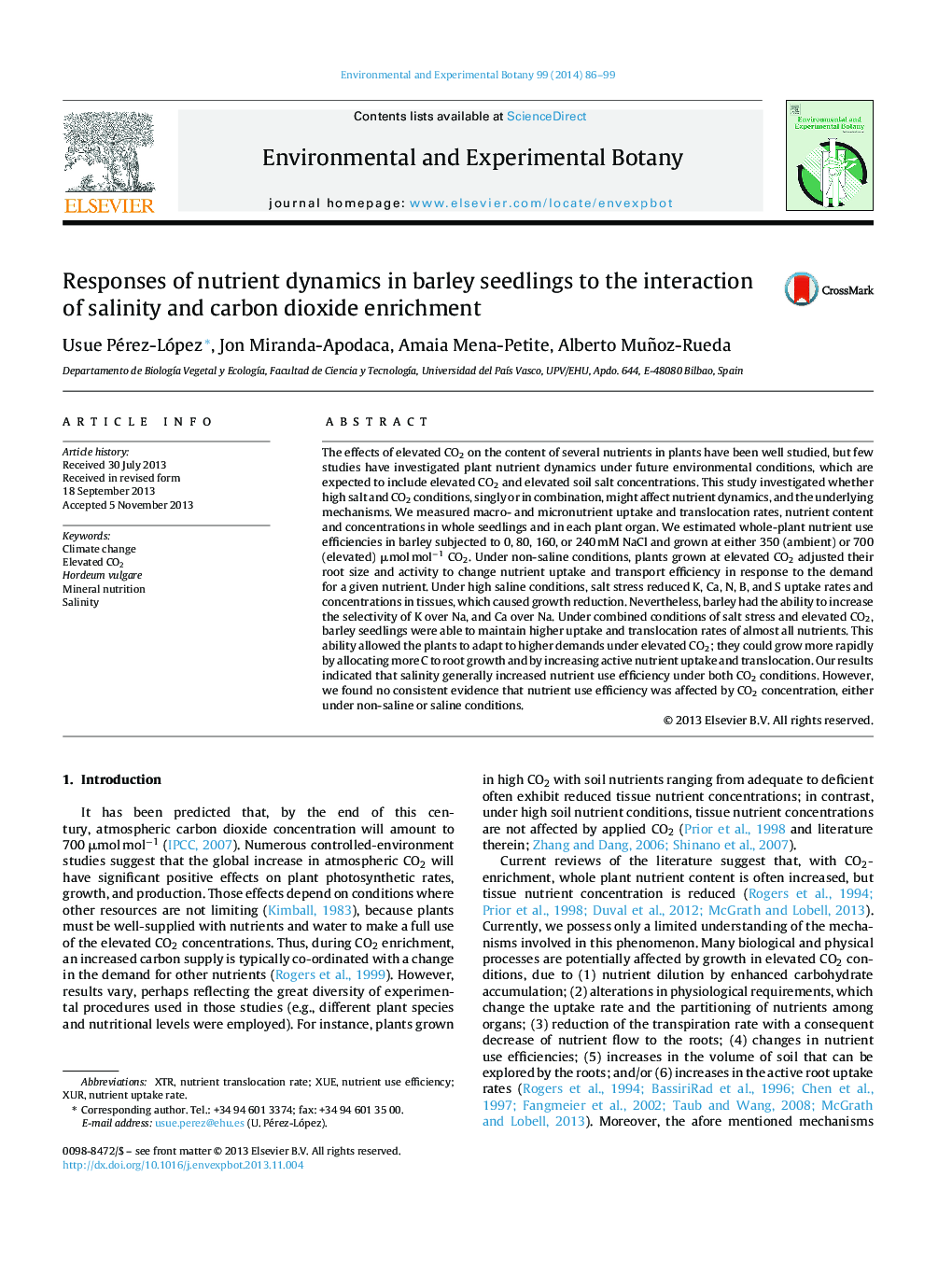 Responses of nutrient dynamics in barley seedlings to the interaction of salinity and carbon dioxide enrichment