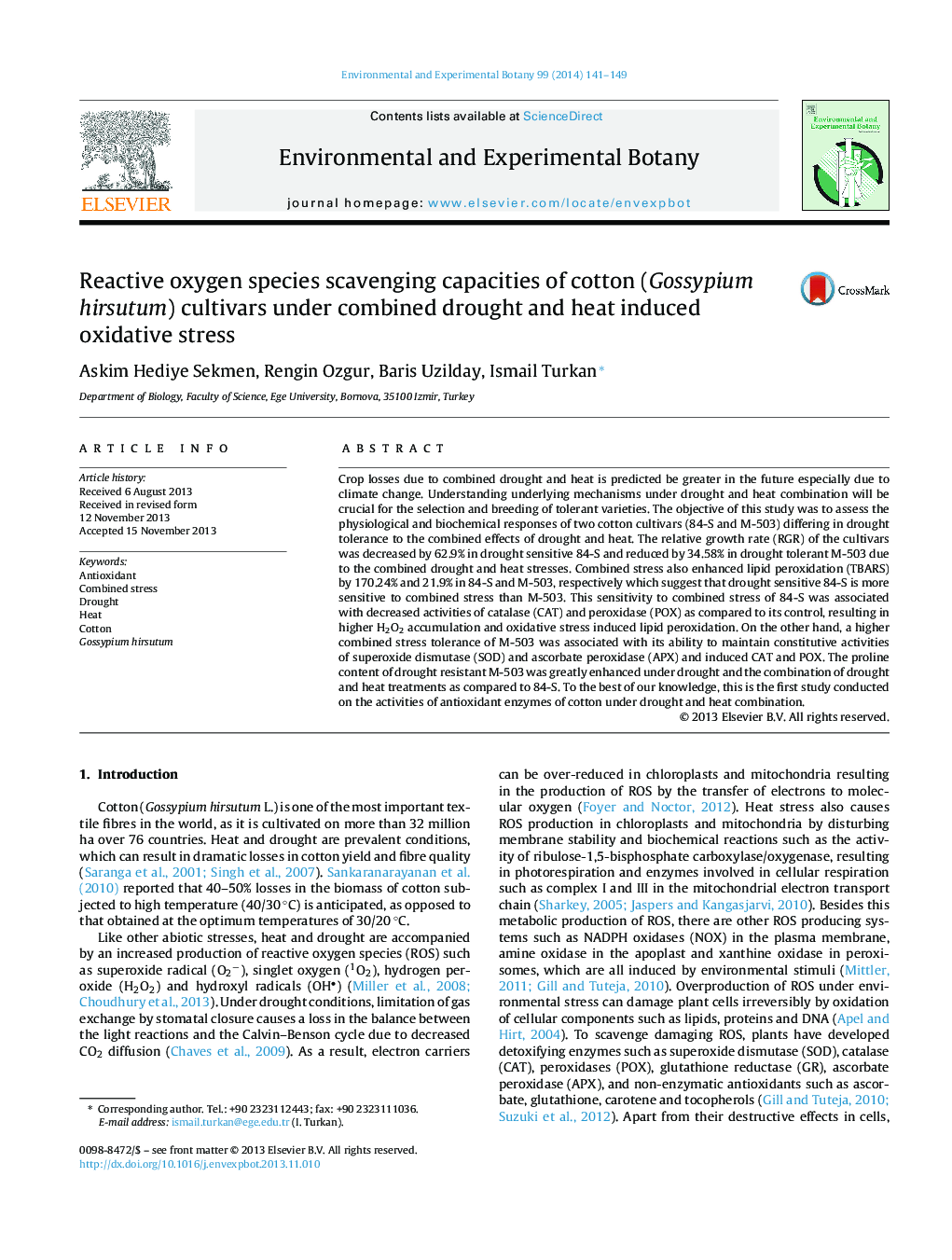 Reactive oxygen species scavenging capacities of cotton (Gossypium hirsutum) cultivars under combined drought and heat induced oxidative stress