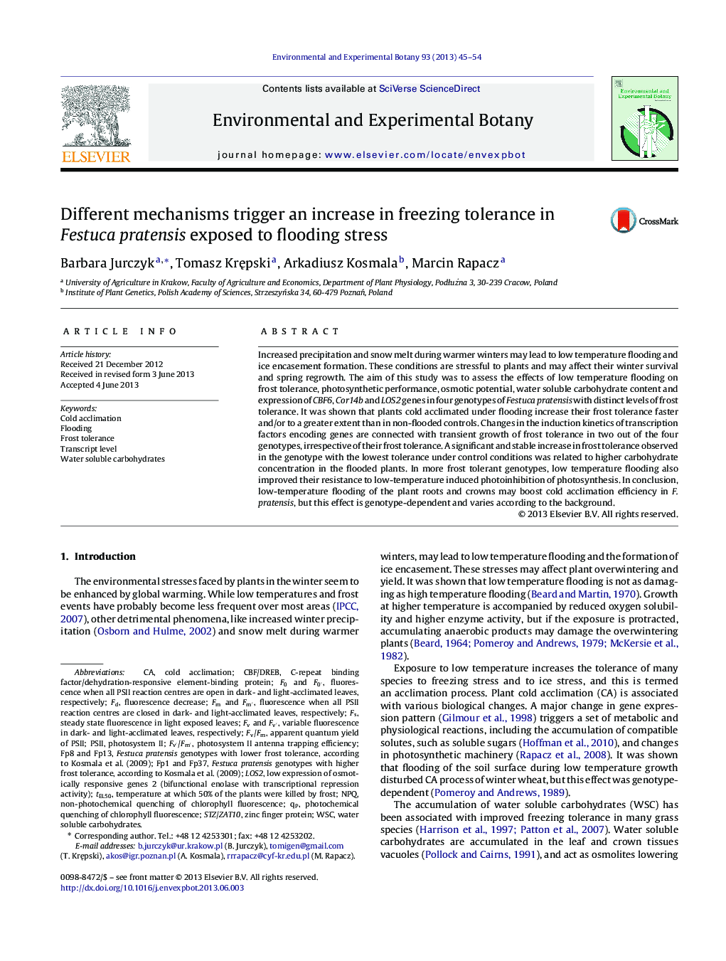 Different mechanisms trigger an increase in freezing tolerance in Festuca pratensis exposed to flooding stress