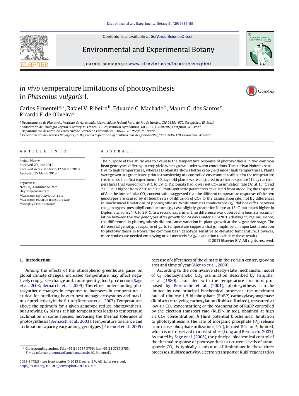 In vivo temperature limitations of photosynthesis in Phaseolus vulgaris L