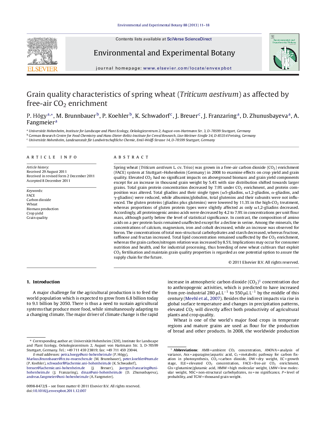 Grain quality characteristics of spring wheat (Triticum aestivum) as affected by free-air CO2 enrichment