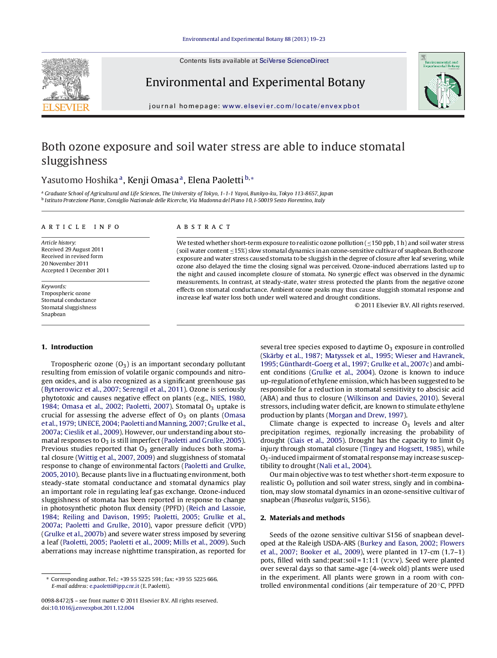 Both ozone exposure and soil water stress are able to induce stomatal sluggishness