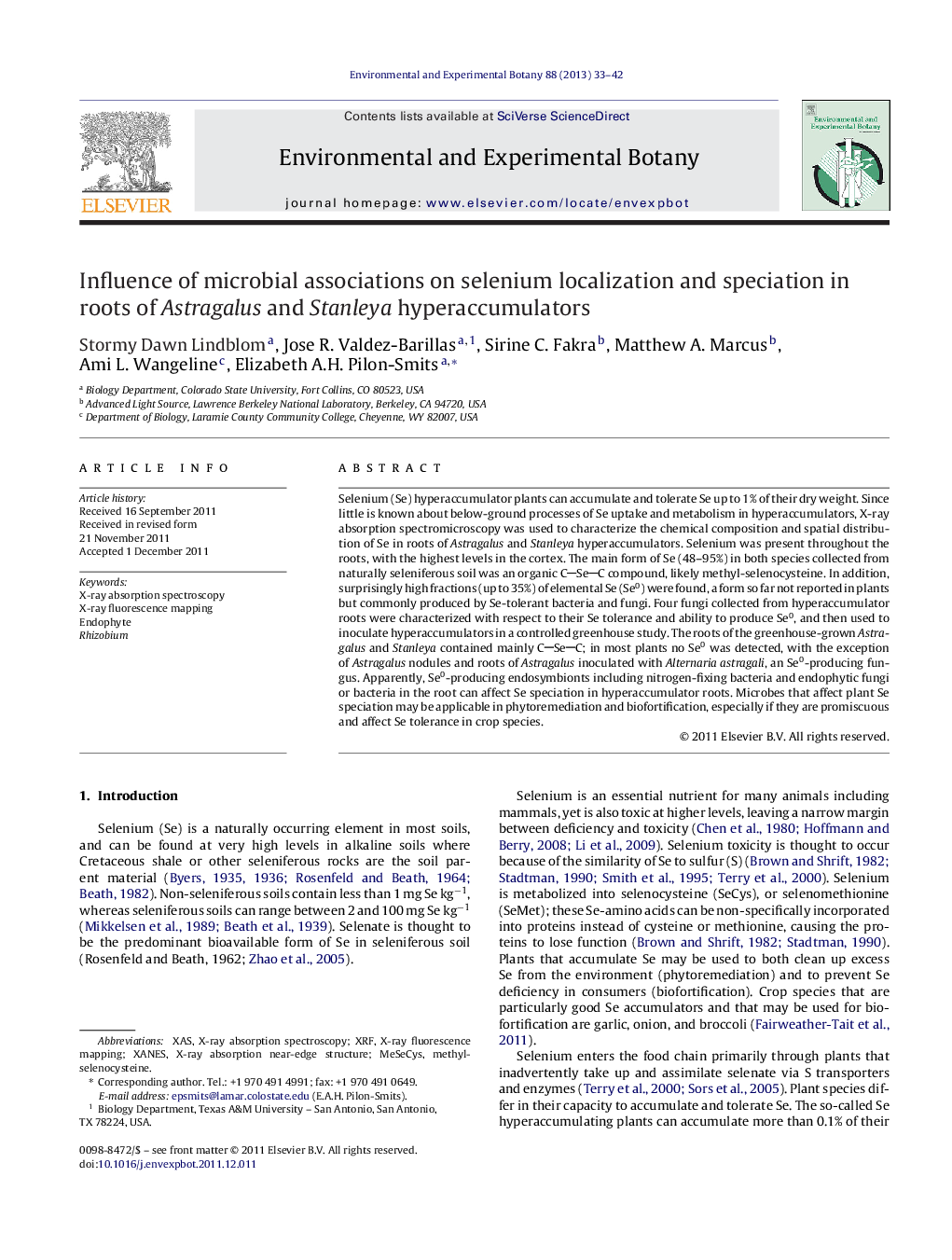 Influence of microbial associations on selenium localization and speciation in roots of Astragalus and Stanleya hyperaccumulators