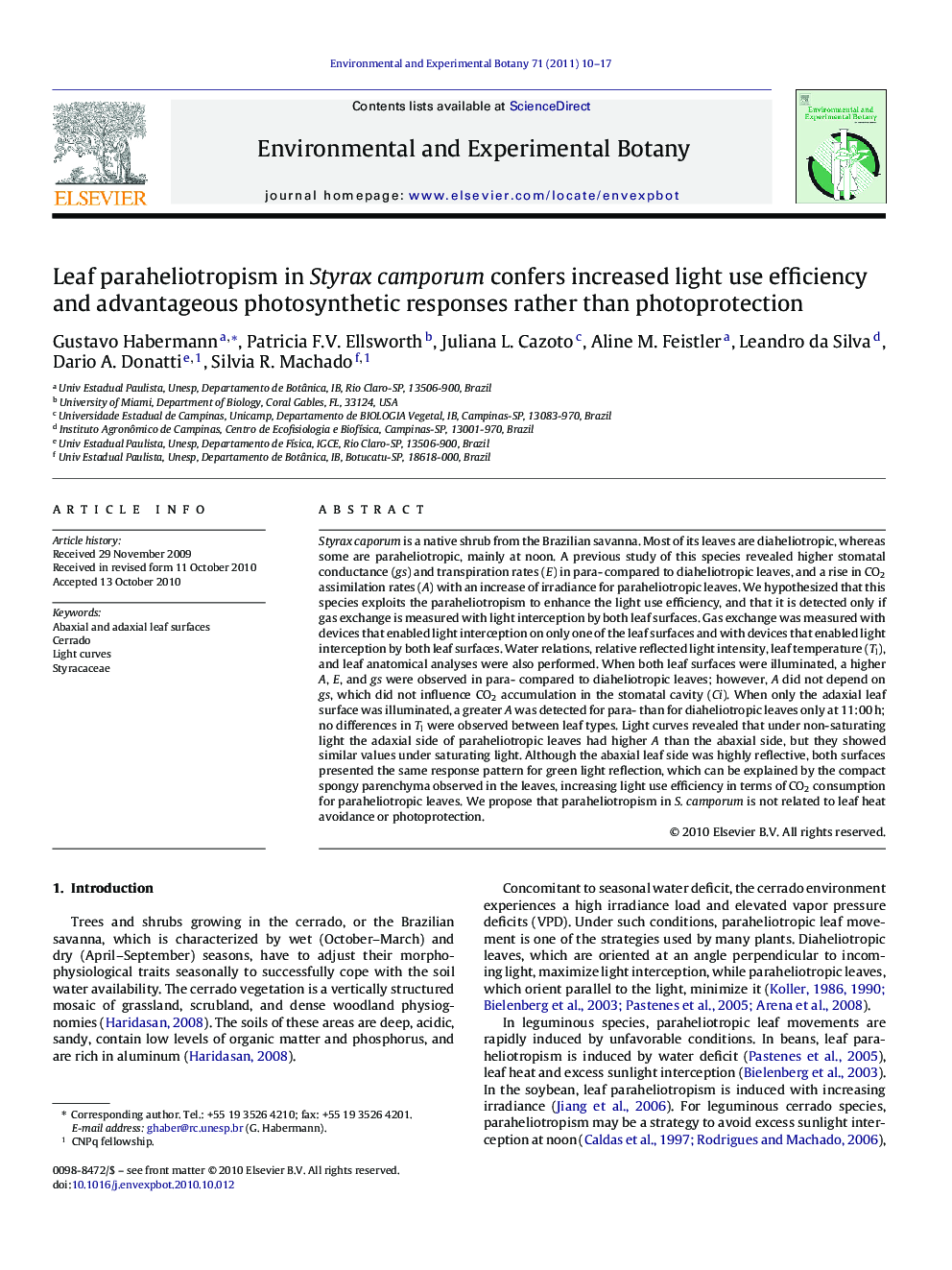 Leaf paraheliotropism in Styrax camporum confers increased light use efficiency and advantageous photosynthetic responses rather than photoprotection