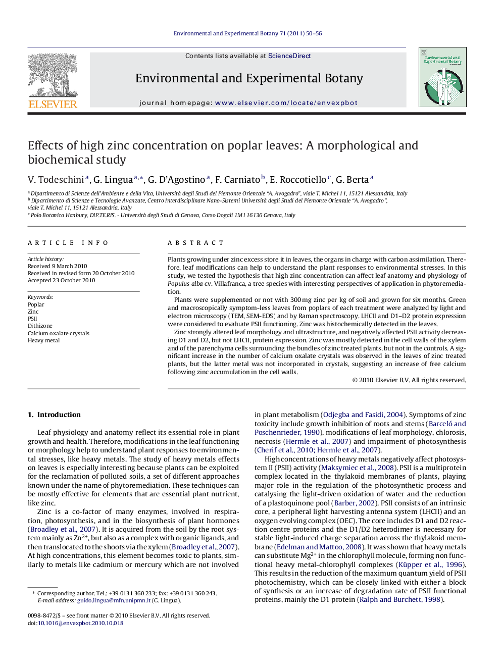 Effects of high zinc concentration on poplar leaves: A morphological and biochemical study