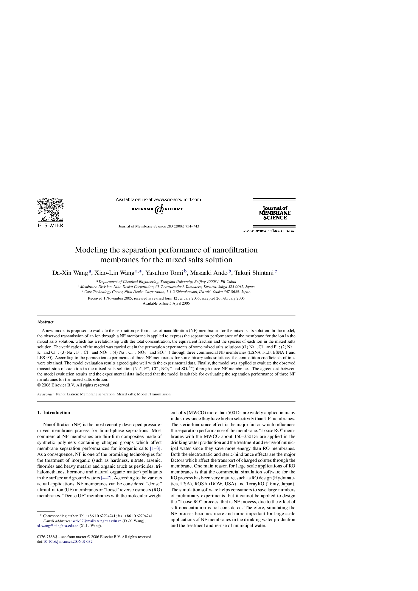 Modeling the separation performance of nanofiltration membranes for the mixed salts solution