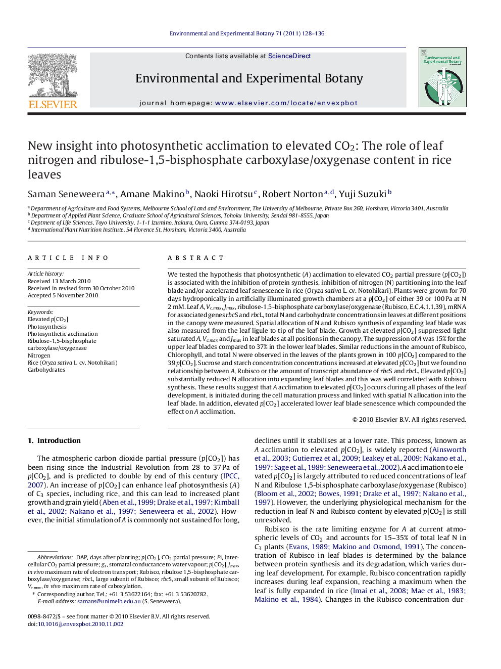 New insight into photosynthetic acclimation to elevated CO2: The role of leaf nitrogen and ribulose-1,5-bisphosphate carboxylase/oxygenase content in rice leaves