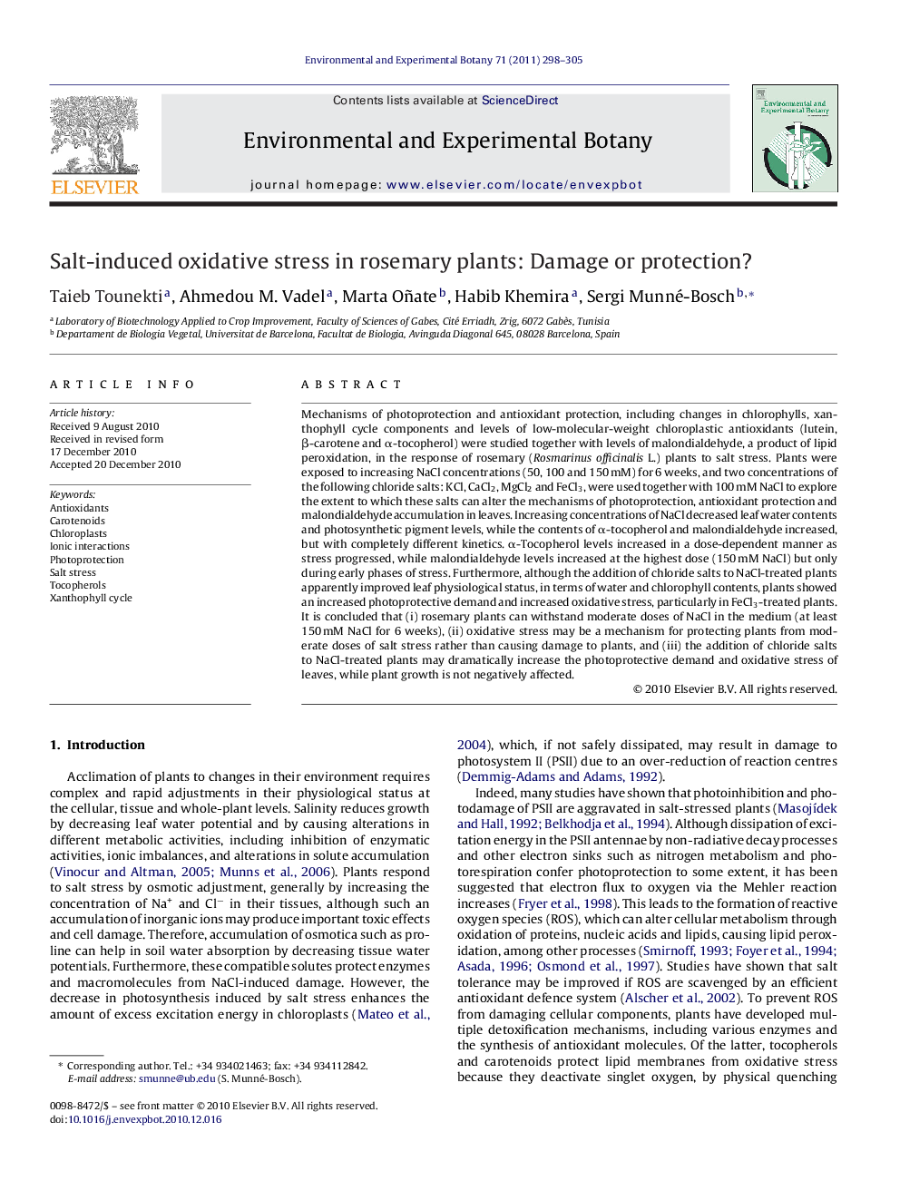 Salt-induced oxidative stress in rosemary plants: Damage or protection?