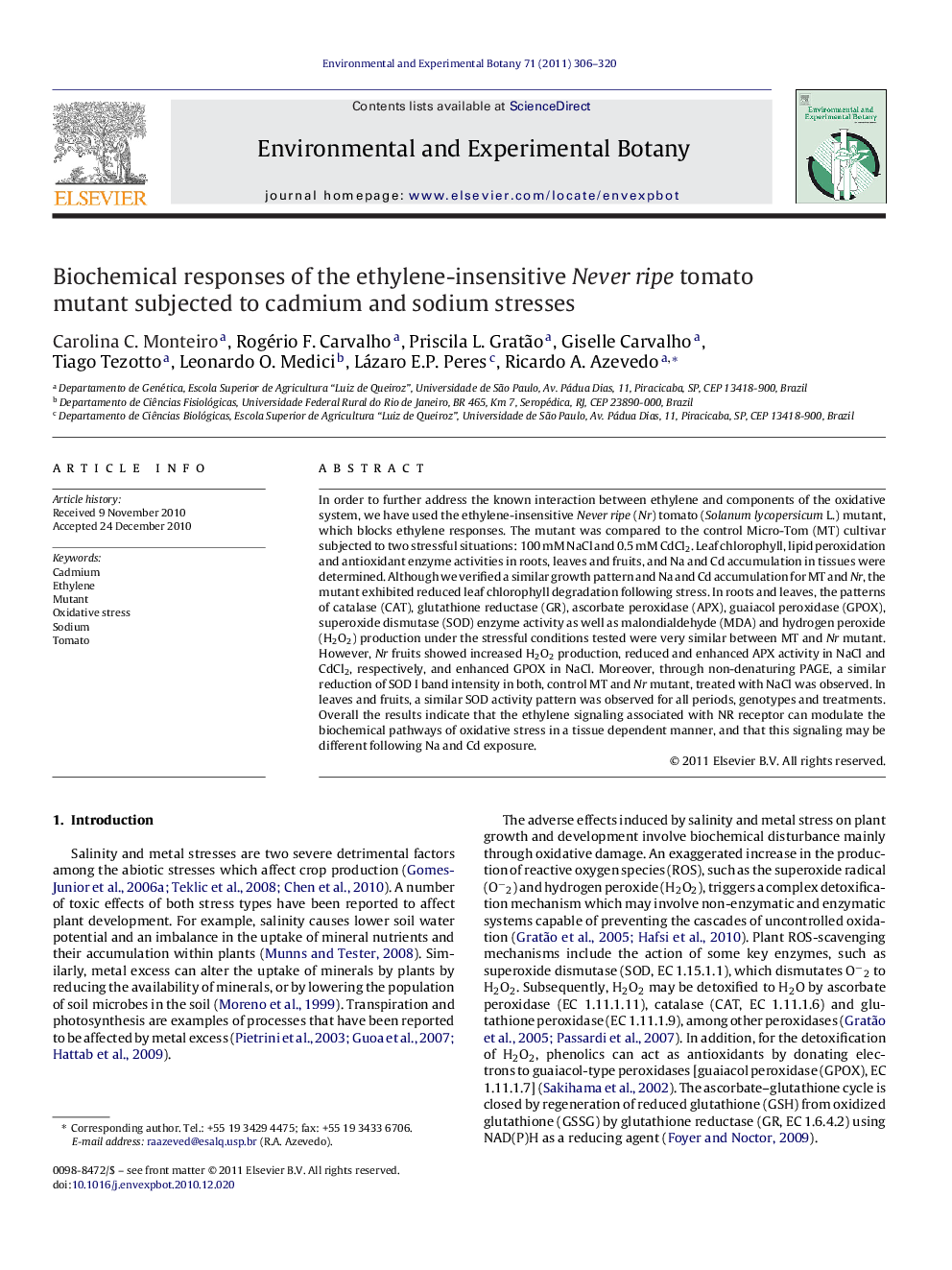 Biochemical responses of the ethylene-insensitive Never ripe tomato mutant subjected to cadmium and sodium stresses