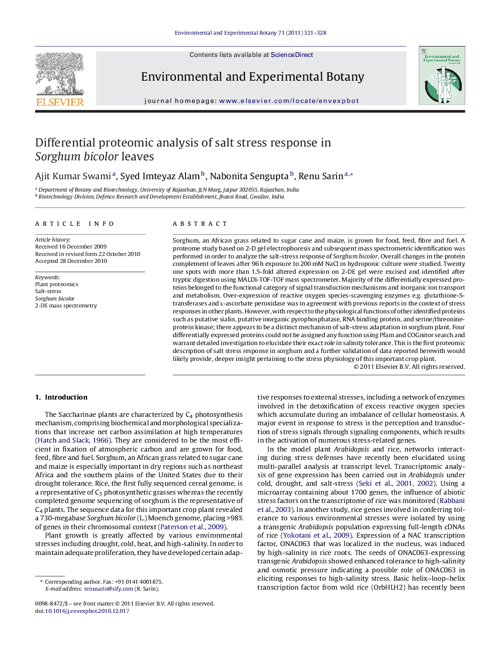 Differential proteomic analysis of salt stress response in Sorghum bicolor leaves