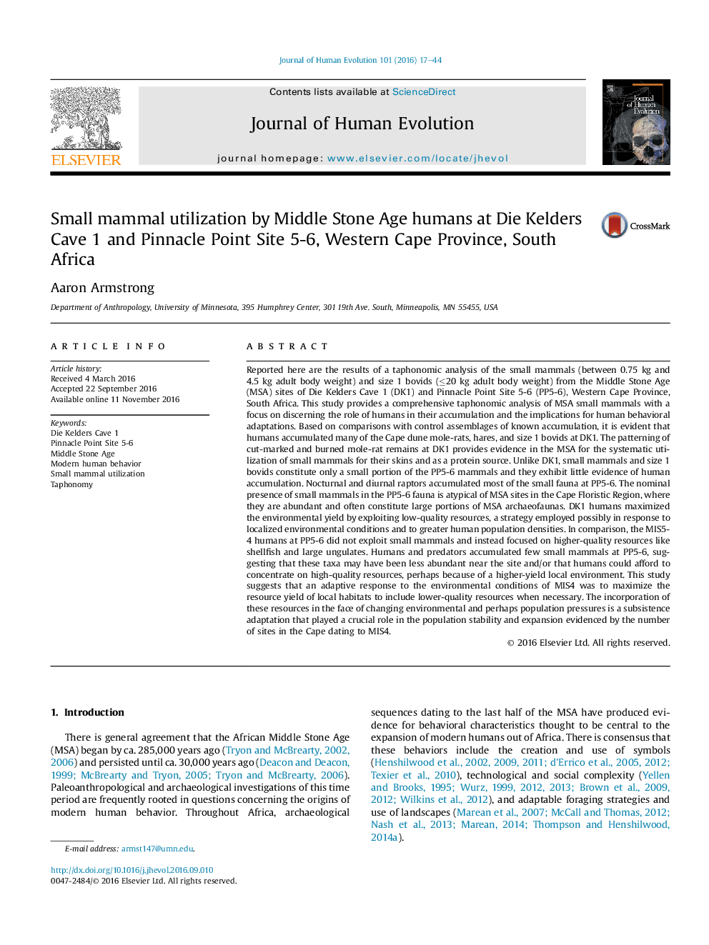 Small mammal utilization by Middle Stone Age humans at Die Kelders Cave 1 and Pinnacle Point Site 5-6, Western Cape Province, South Africa