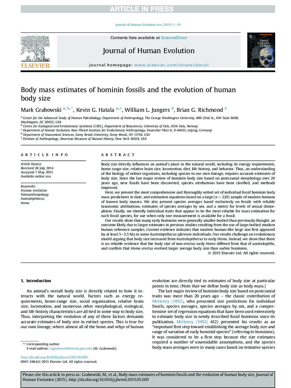 Body mass estimates of hominin fossils and the evolution of human body size