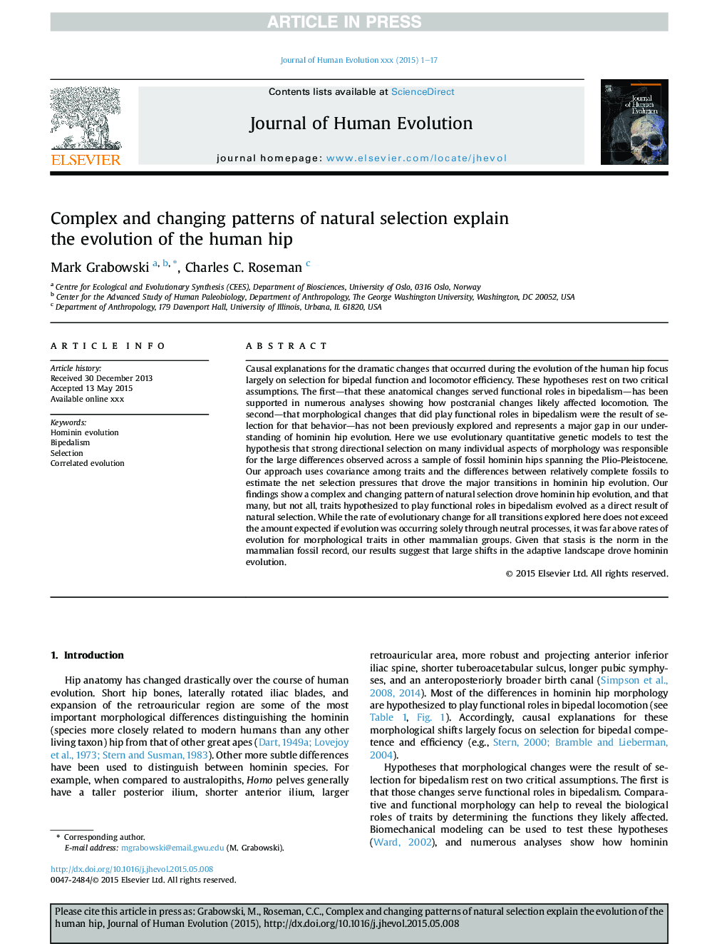 Complex and changing patterns of natural selection explain the evolution of the human hip