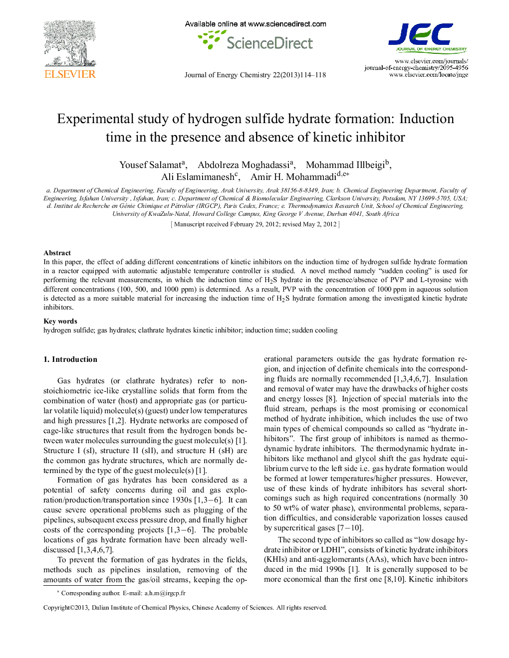 Experimental study of hydrogen sulfide hydrate formation: Induction time in the presence and absence of kinetic inhibitor