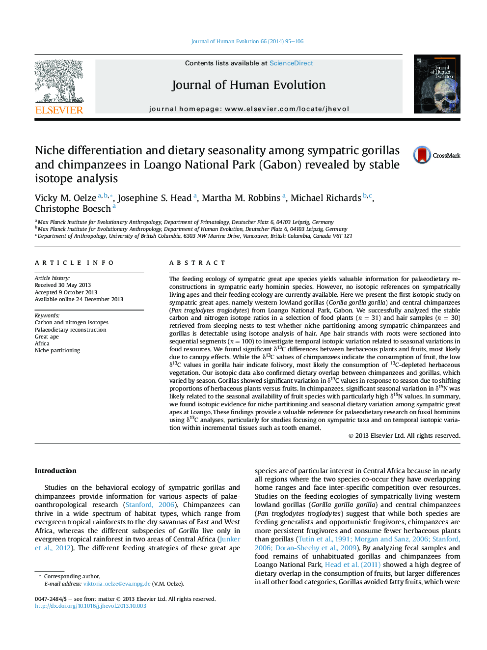 Niche differentiation and dietary seasonality among sympatric gorillas and chimpanzees in Loango National Park (Gabon) revealed by stable isotope analysis