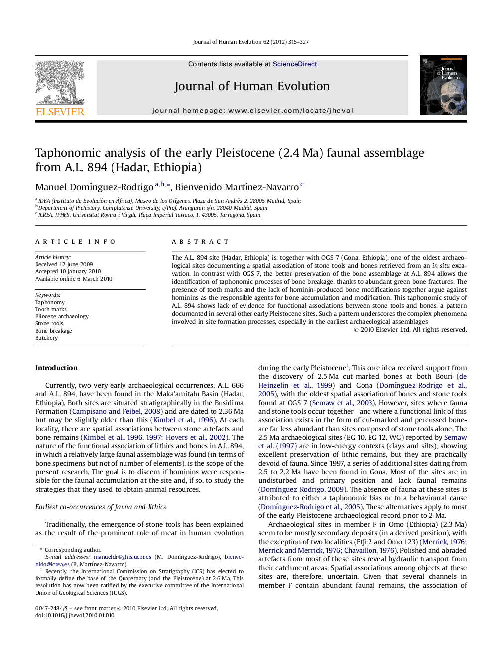 Taphonomic analysis of the early Pleistocene (2.4Â Ma) faunal assemblage from A.L. 894 (Hadar, Ethiopia)