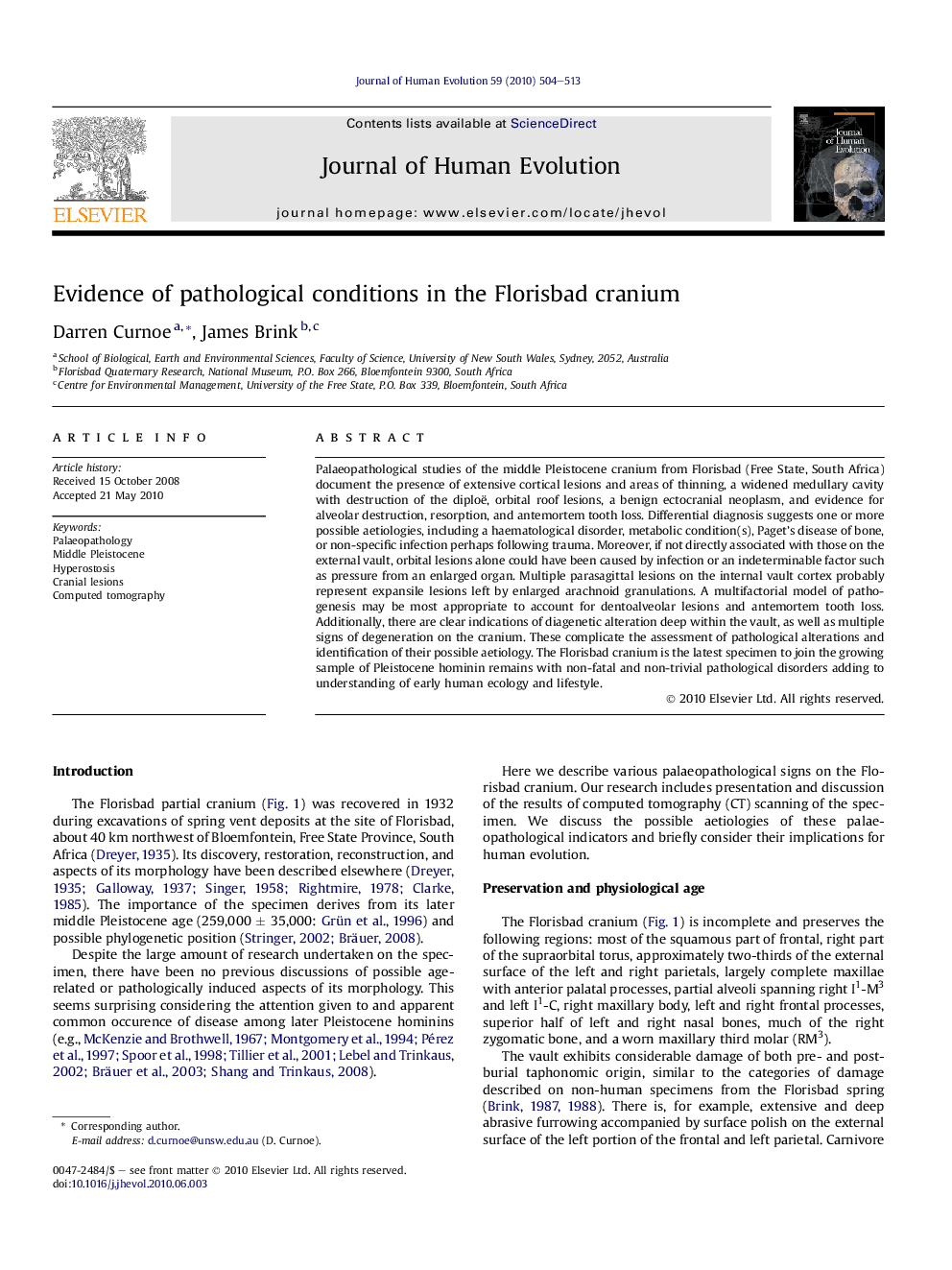 Evidence of pathological conditions in the Florisbad cranium